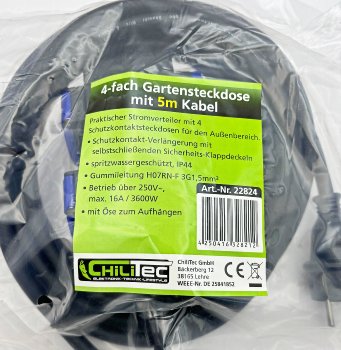 Werkstatt-Steckdose, 4-fach, 5m Kabel - IP44, mit Aufhänger, H07RN-F 3G1,5mm²