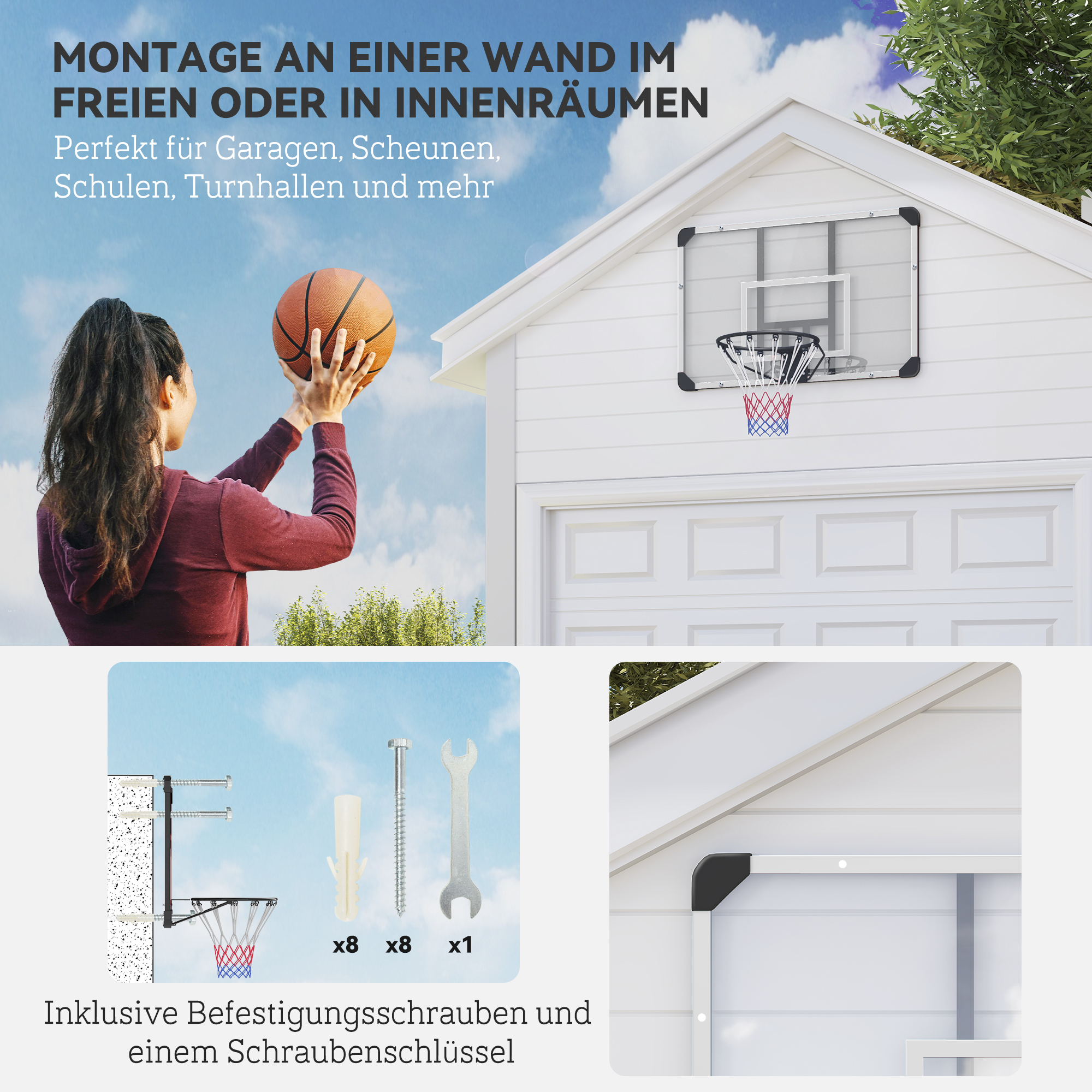 Basketballkorb, bruchsichere Rückwand, höhenverstellbar, Indoor & Outdoor, Stahlrahmen, Schwarz
