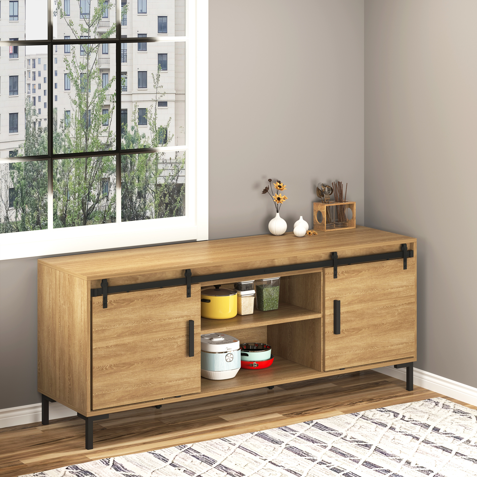 200 cm Schiebetür Komplettset Schiebetürsystem mit Bodenführung, Schiebetür Laufschiene, Laufrollen Schiebetürbeschlag aus Kohlenstoffstahl für Doppelschiebetür