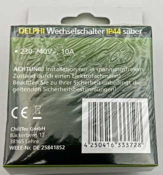 DELPHI Wechsel-Schalter IP44 - 250V~/ 10A, inkl. Rahmen, UP, silber