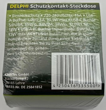 DELPHI Schutzkontakt-Steckdose, silber - 230V~/ 16A, Unterputz, USB-C / PD