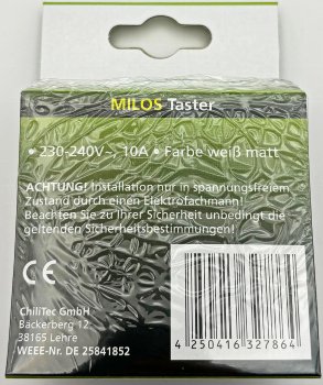 MILOS Taster, weiß matt - 0-250V~/ 10A, inkl. Rahmen, UP