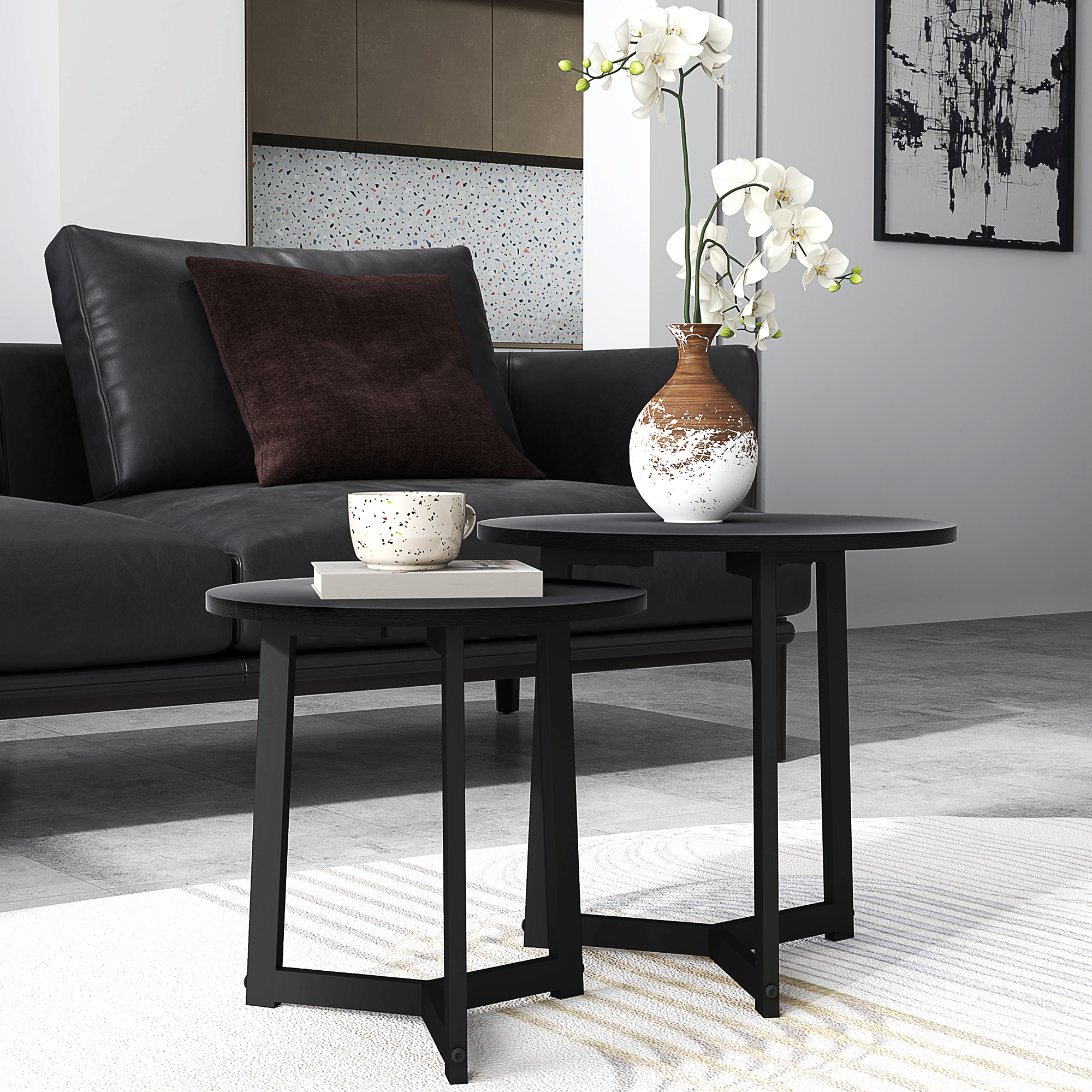 Moderner Couchtisch als 2er-Set, Metallrahmen, MDF, Rundes Design, ineinander verschiebbar, Schwarz