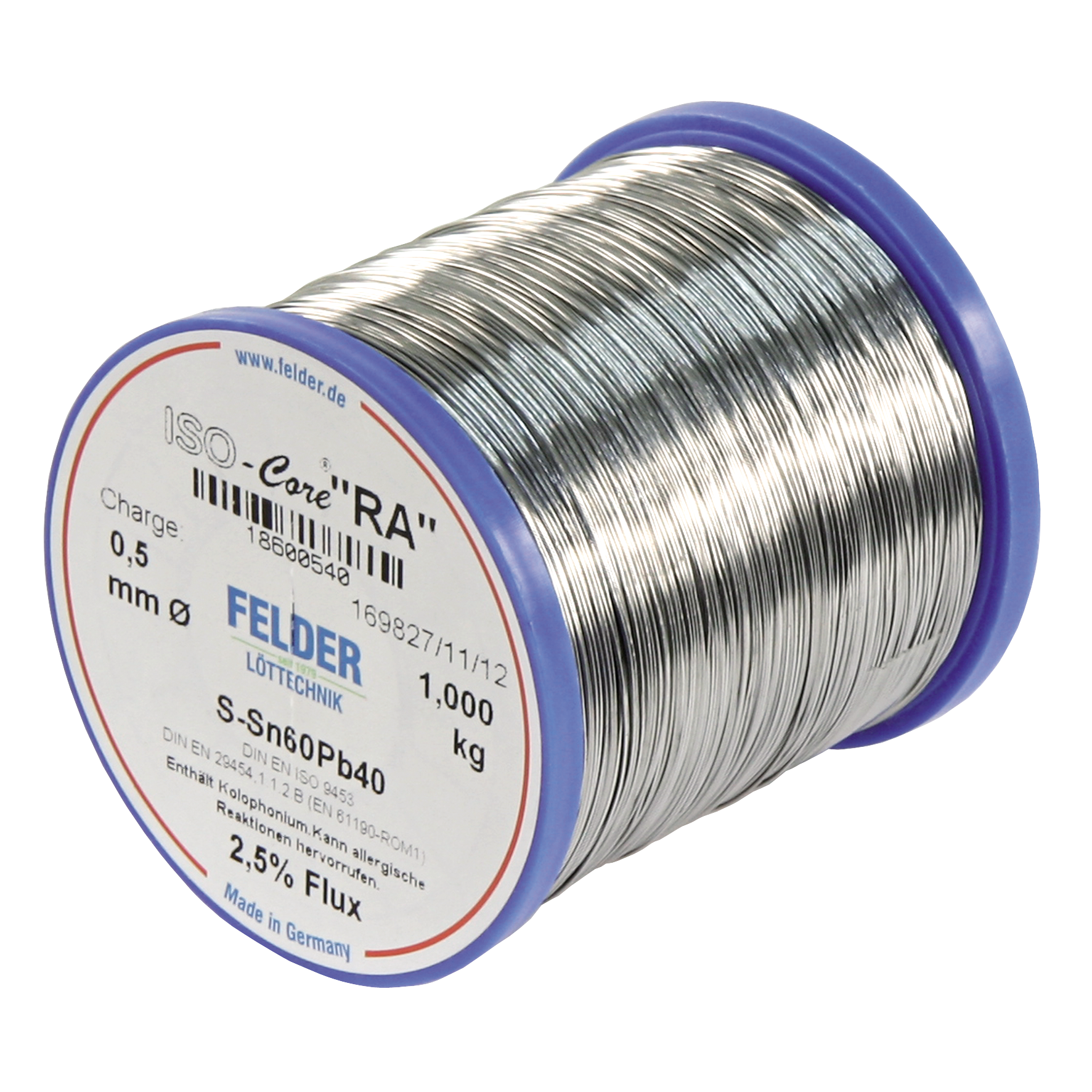 Lötzinn auf Rolle FELDER ISO-Core ''RA'', 0,5mm, 1.000g, bleihaltig (60%Sn 40%Pb)