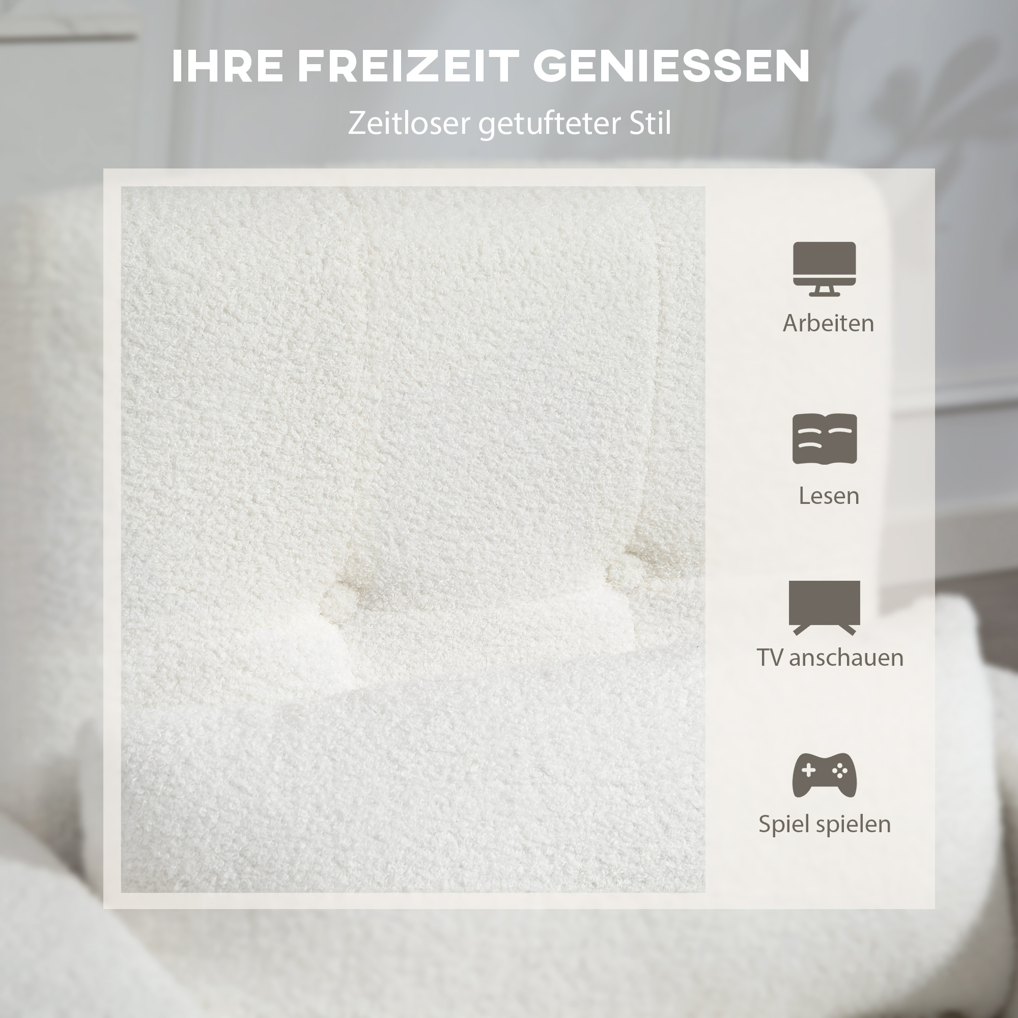 Moderner Armlehnstuhl, Polstersessel mit Kautschukholzbeinen, Lendenkissen, für Wohnzimmer, Schlafzimmer, Büro, Weiß