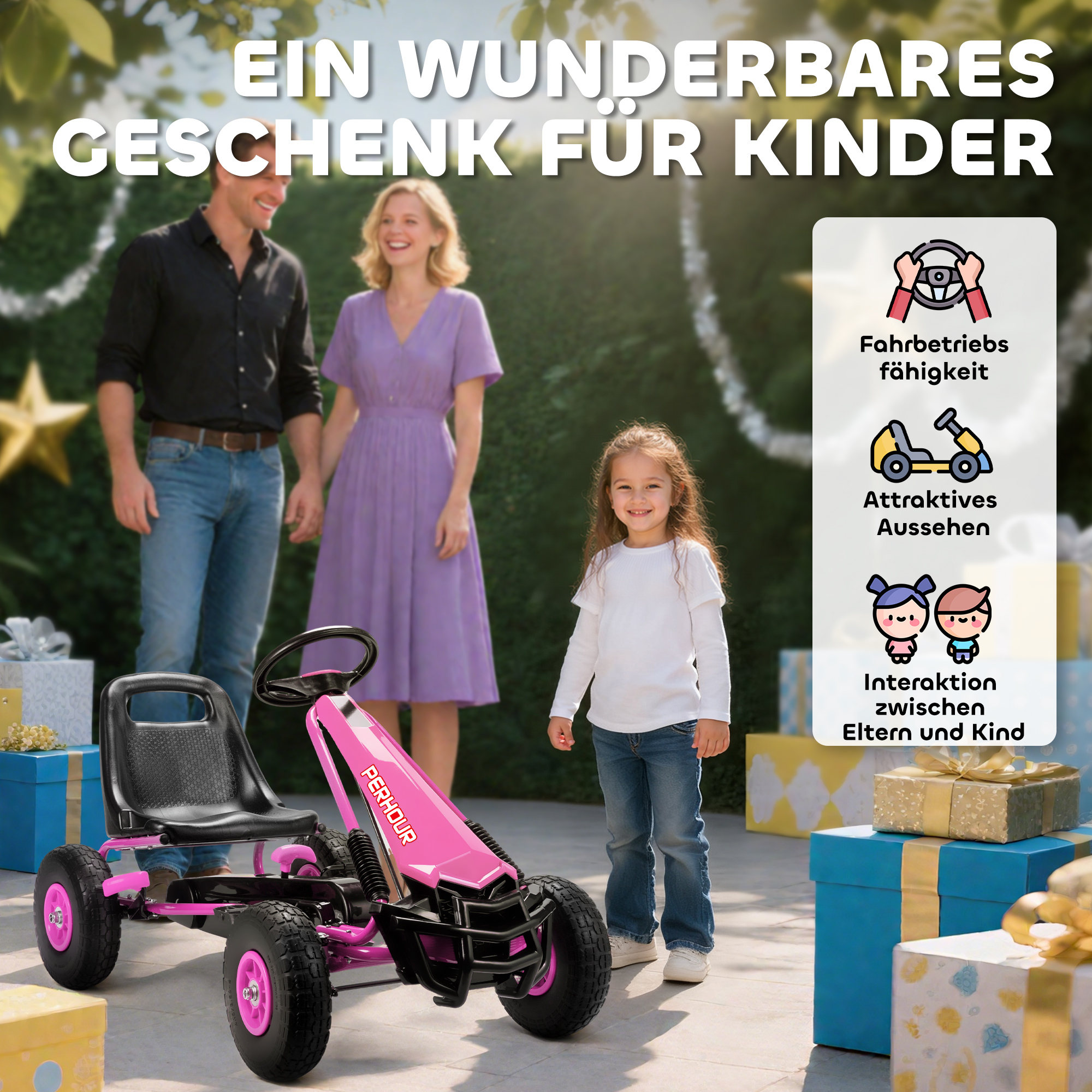 Pedal-Gokart für Kinder, höhenverstellbarer Sitz, EVA-Räder, Bremse, Kupplung, 3-8 Jahre, Rosa
