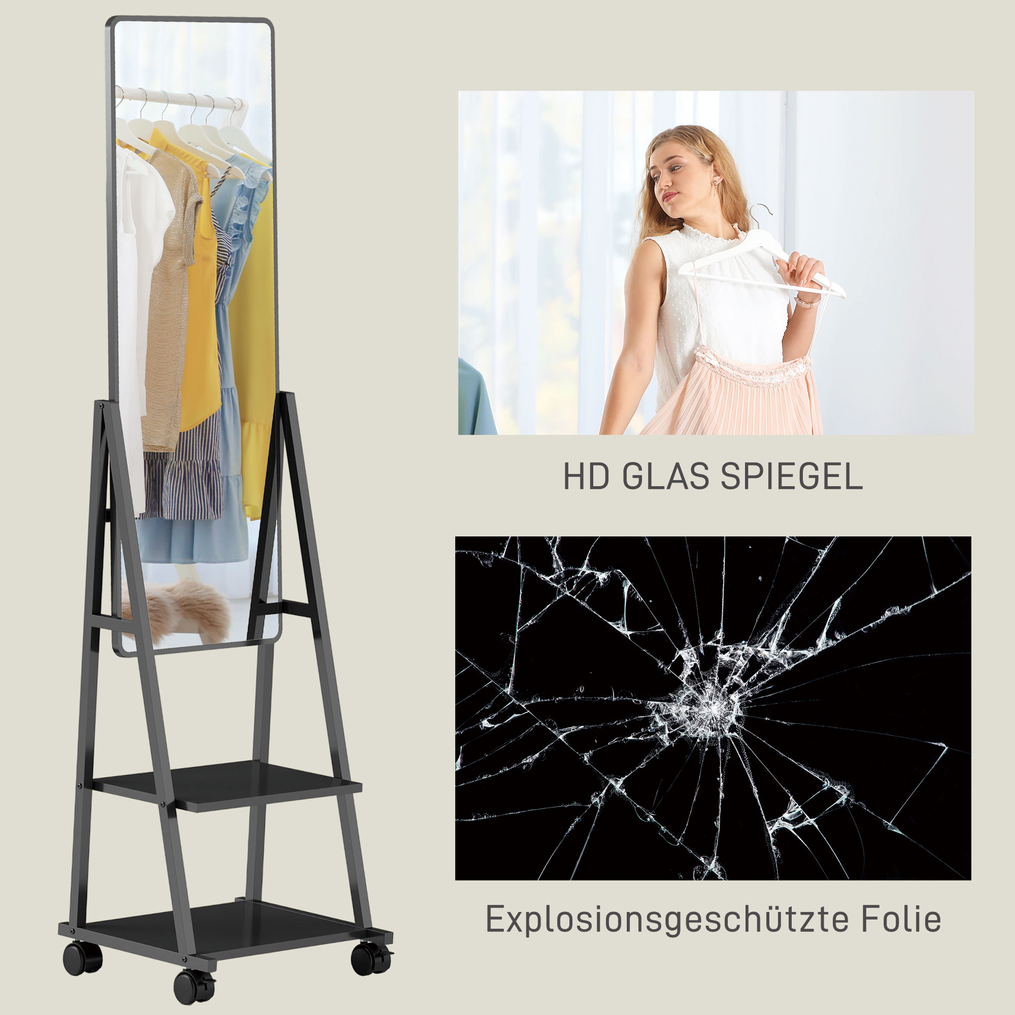 Rollbarer Ganzkörperspiegel mit 2 Regalen und 4 Rädern, für Schlafzimmer, Wohnzimmer, Flur, Schwarz