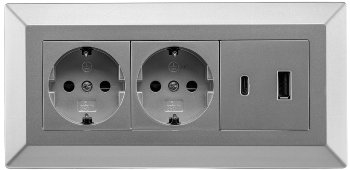 2-fach Steckdosenblock, USB-A+C, silber - 250V~/ 16A, Aufbaumontage, USB 3,1A, PD