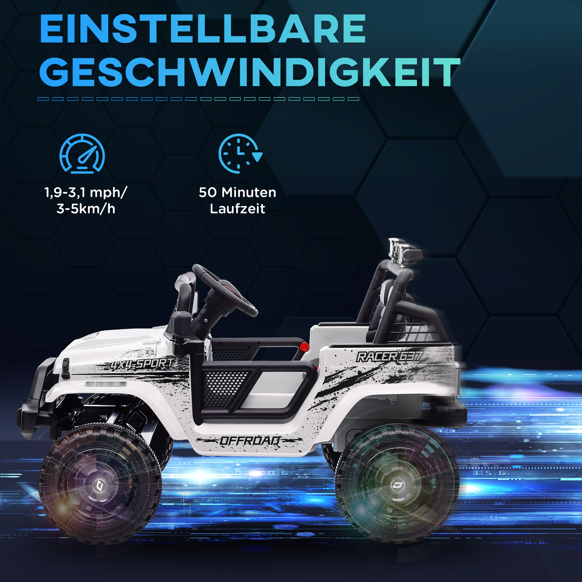 Kinder-Elektroauto mit sanfter Federung, fernsteuerbar, LED-Lichter, Hupe, 12V-Motoren, aus Kunststoff und Metall, Weiß