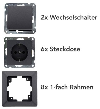 MILOS Starter-Kit, 16-teilig, Anthrazit - 6x Steckdose, 2x Schalter, Klemmanschl.