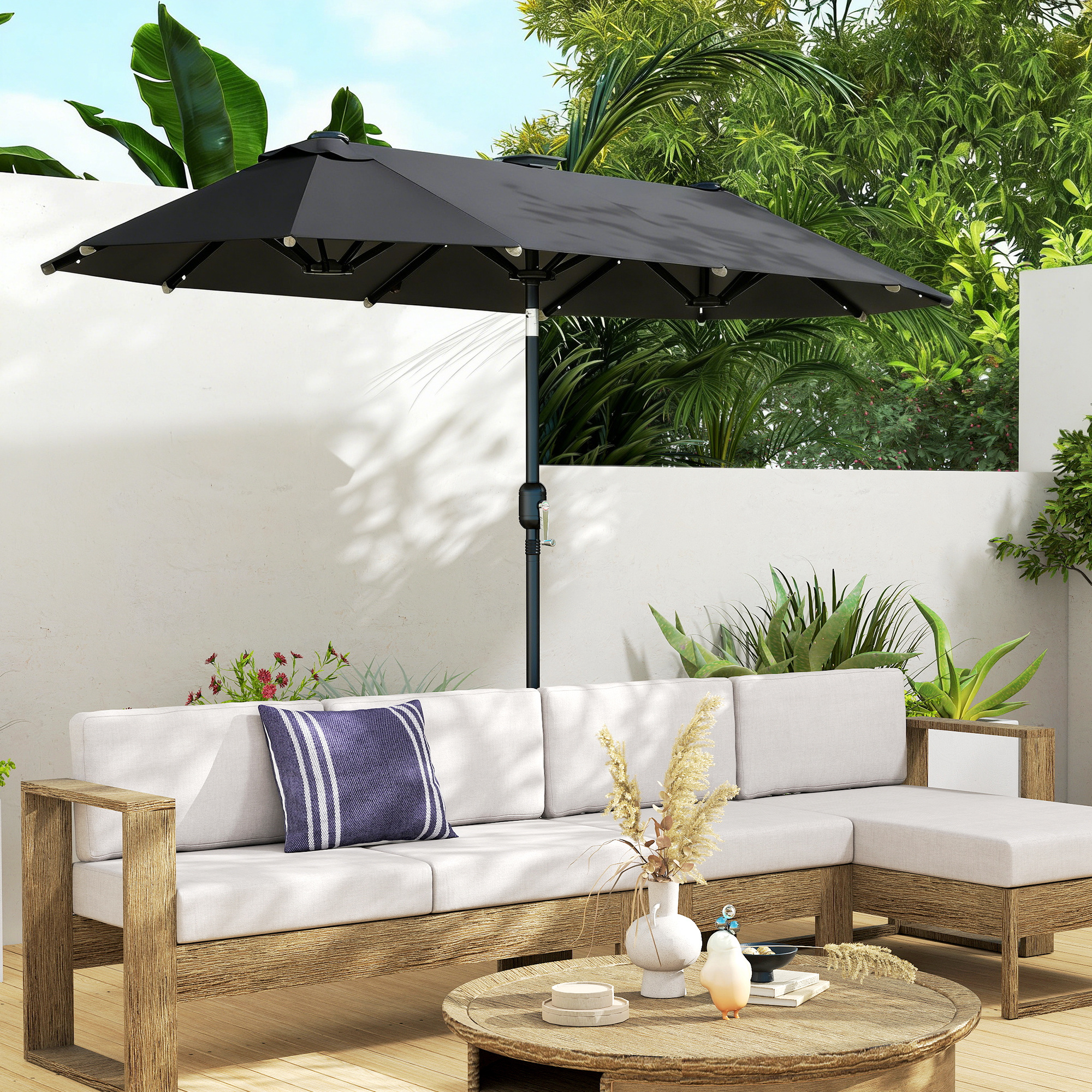 Doppelschirm, Terrassenschirm, neigbar, mit Solarpaneel, 35 LEDs, Stahlrahmen, grau, 2,92 x 1,50 x 2,18 m