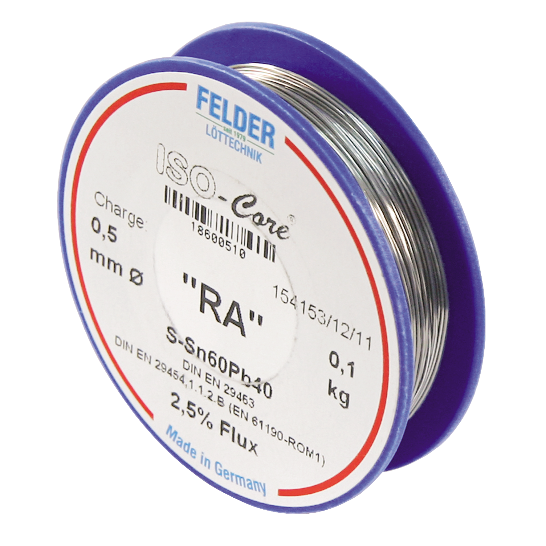 Lötzinn auf Rolle FELDER ISO-Core ''RA'', 0,5mm, 100g, bleihaltig (60%Sn 40%Pb)