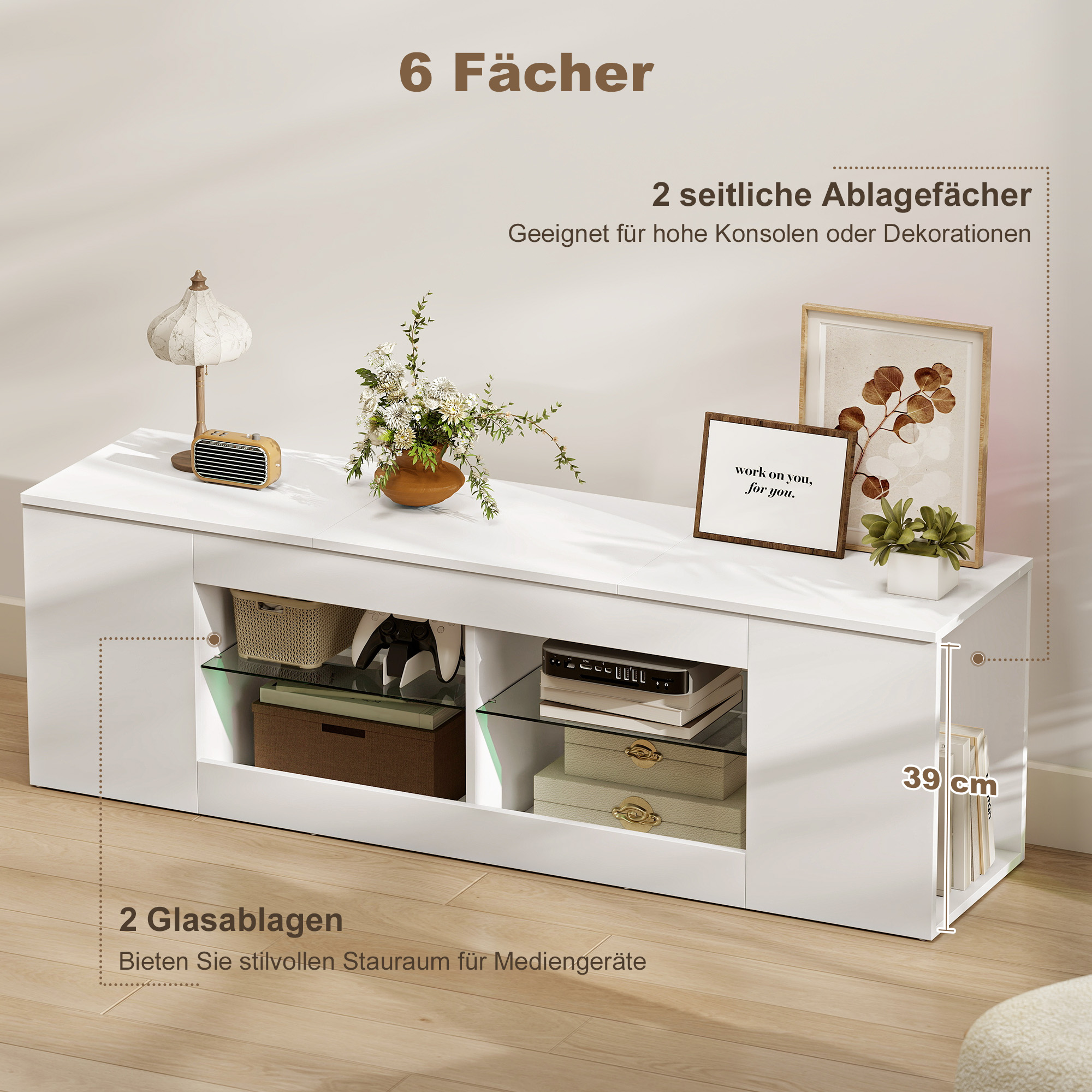140 cm TV-Ständer, Fernseh-Kommode, 6 Fächer, 2 Glasregale, Spanplatte, Weiß