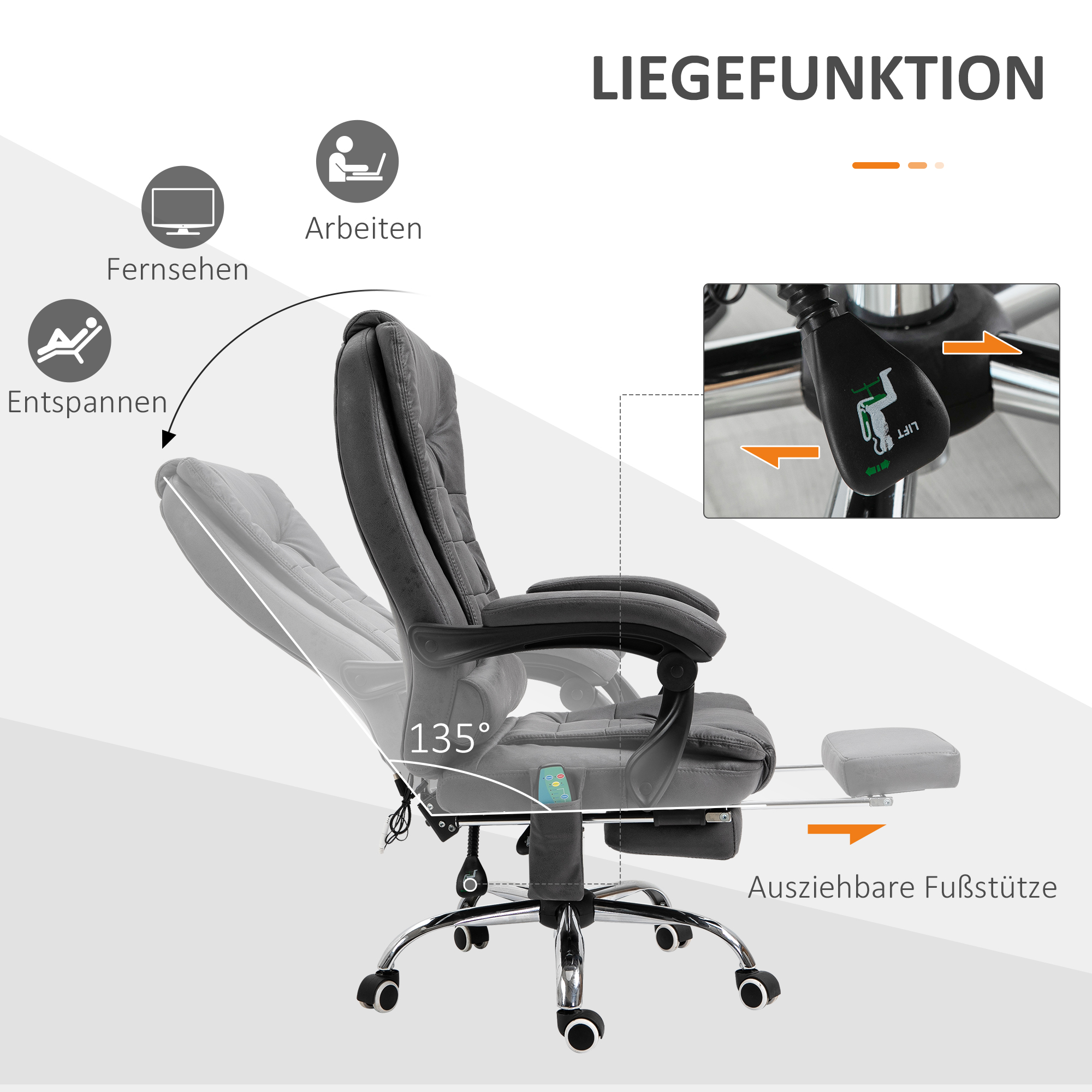 Bürostuhl mit Massagefunktion, ergonomisch, 65x160x104cm, Grau