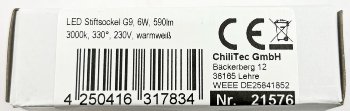 LED Stiftsockel G9, 6W, 590lm - 3000k, 330°, 230V, warmweiß