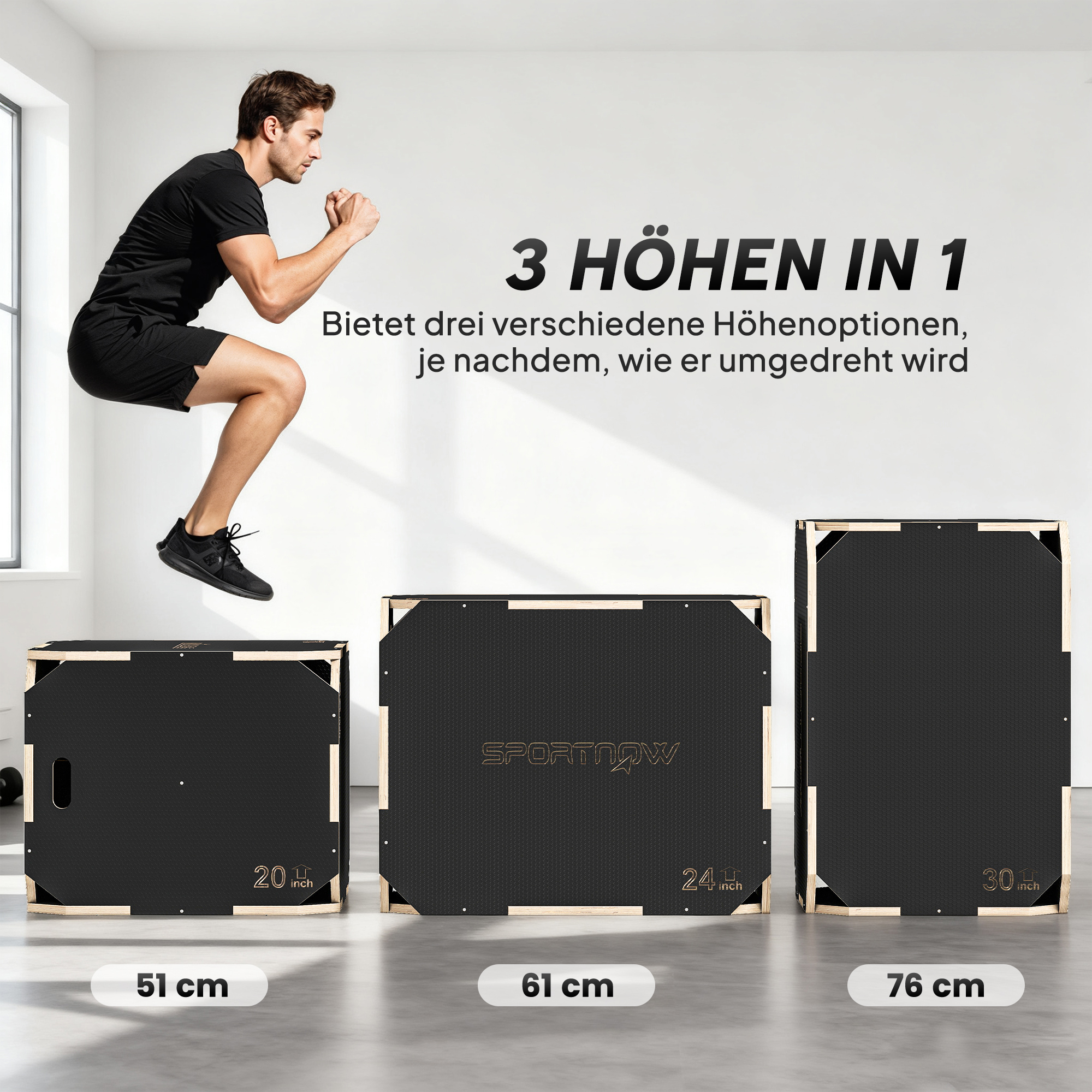 3-in-1 Plyo-Box, Sprungbox mit Griff-Öffnungen, für Home-Fitness und Outdoor-Workouts, 3 Sprunghöhen, Holz, Schwarz