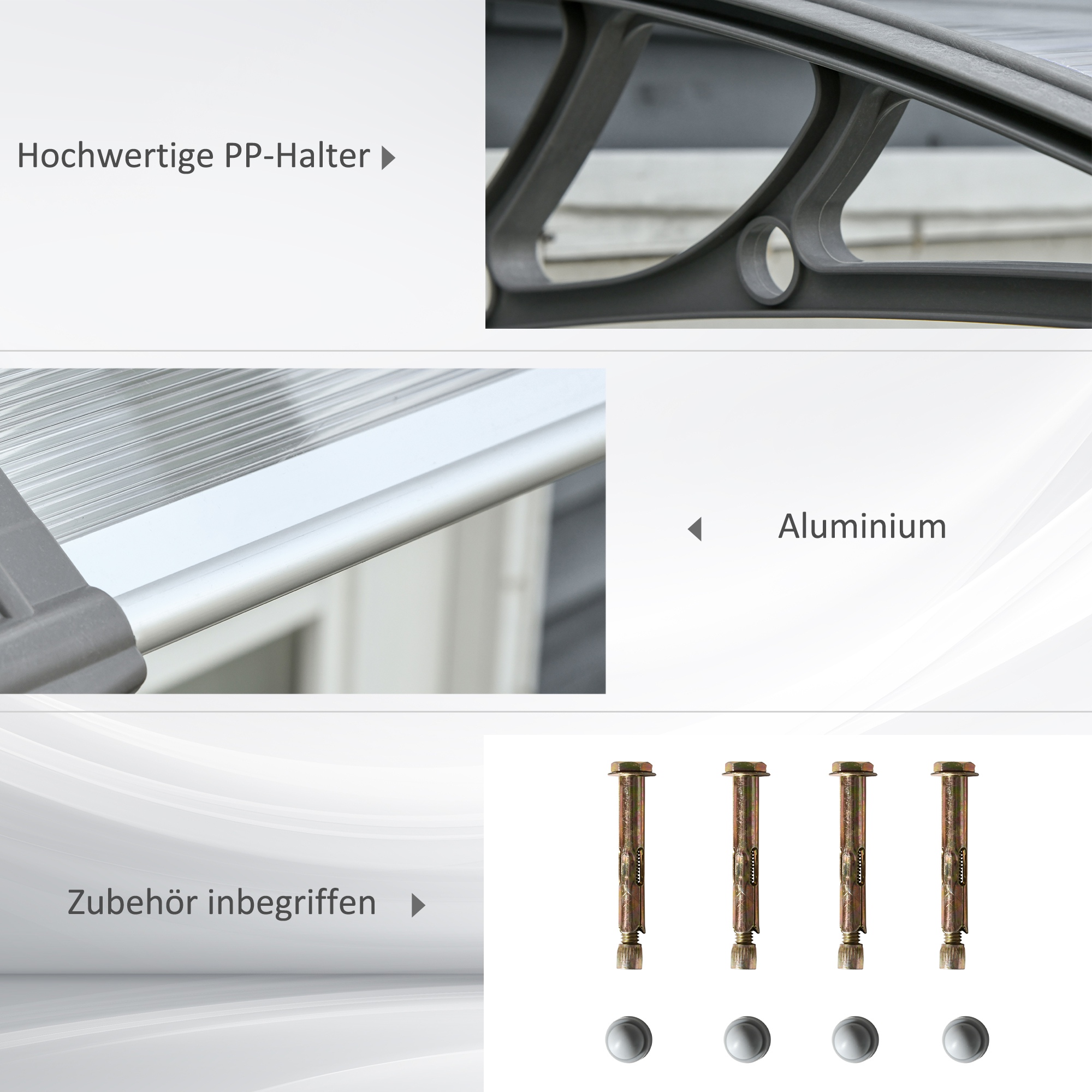 Türüberdachung, Schutz vor Regen, Wind und Hagel, Polycarbonat, Aluminium, 110 x 60 x 18 cm, Grau