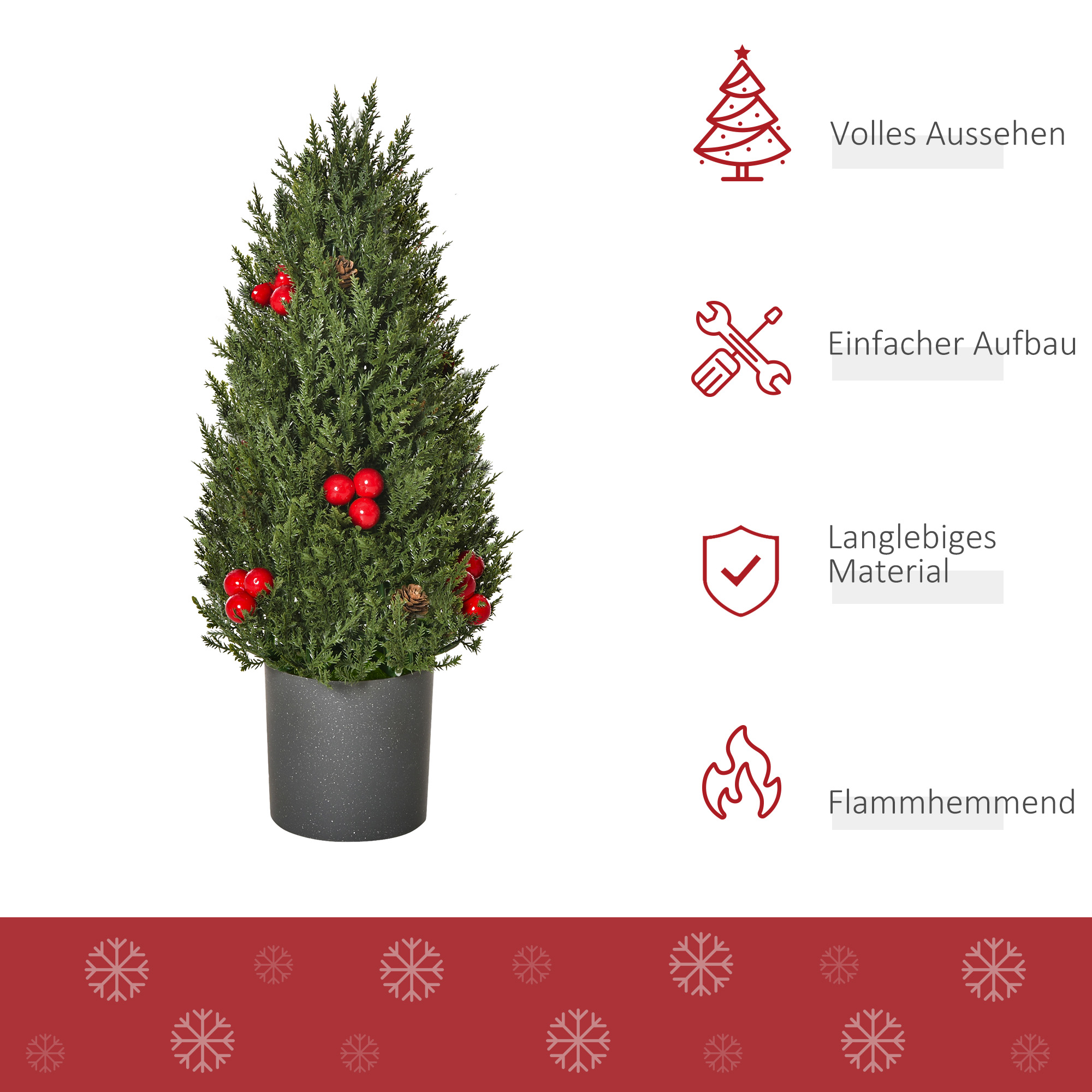 Mini-Weihnachtsbaum mit roten Beeren und Tannenzapfen, inkl, Übertopf 27 cm x 27 cm x 47 cm, Mehrfarbig