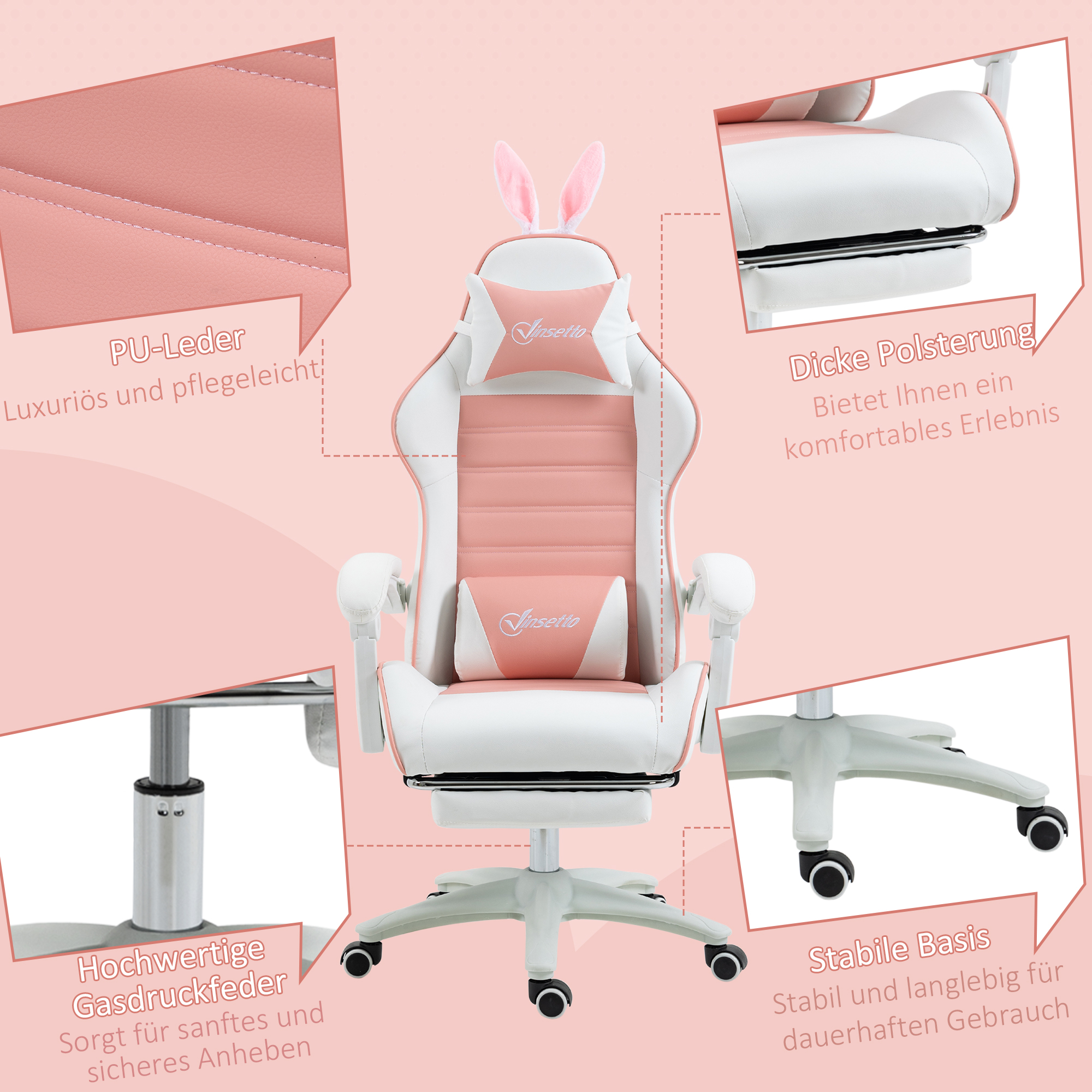 Gaming Stuhl Ergonomischer Gamer Stuhl mit Lendenwirbelstütze, Fußstütze Hasenohren Kopfkissen Rosa