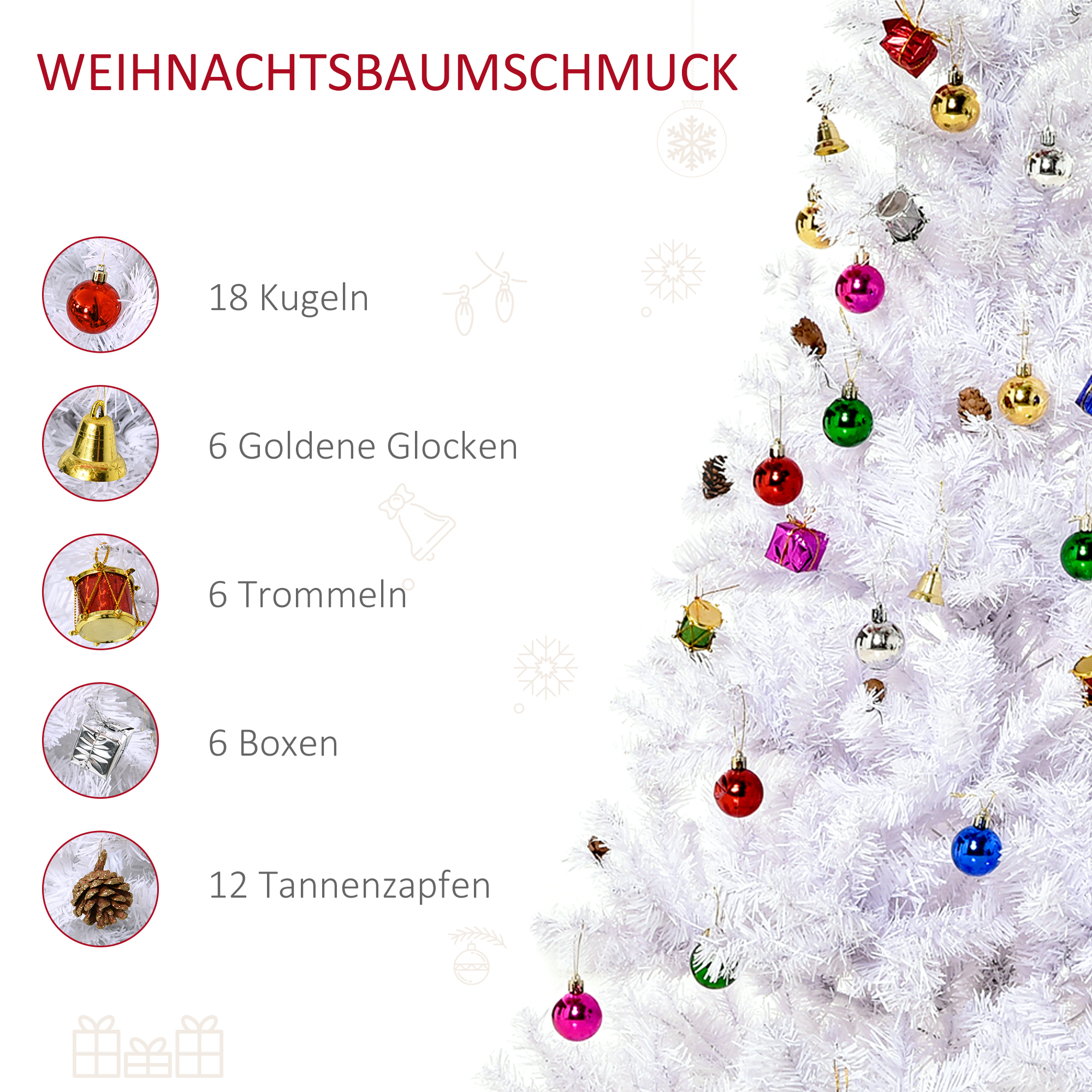 Künstlicher Weihnachtsbaum 150 cm künstlich Tannenbaum mit Kugeln, Glocken, Trommeln, Geschenkboxen, Christbaum mit 680 Spitzen, 12 Tannenzapfen Weihnachtsdeko inkl, Metallständer für drinnen