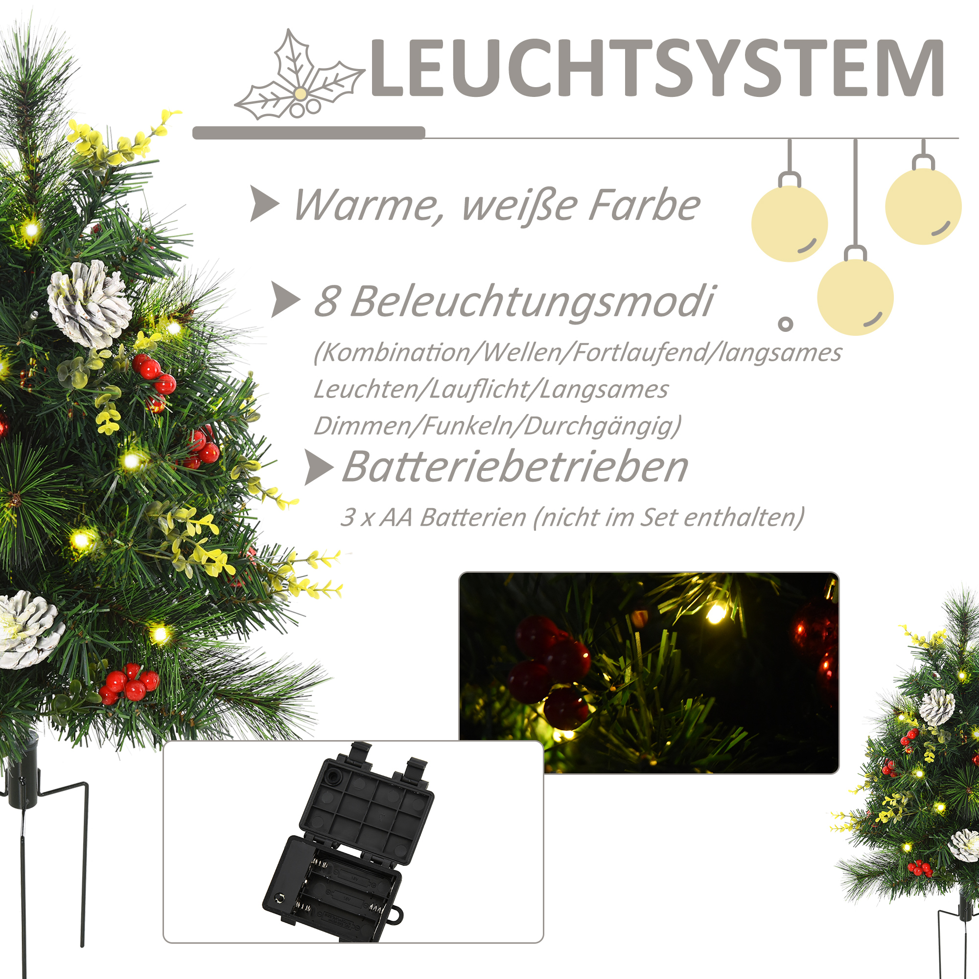 2-er Set Weihnachtsbäume, Künstlicher Mini-Christbaum mit LED-Lichtern, Kunststoff, Metall, Ø33 x 75 cm, Grün