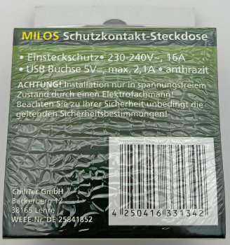 MILOS Schutzkontakt-Steckdose, Anthrazit - 250V~/ 16A, UP, 2x USB Buchse je 5V/1A