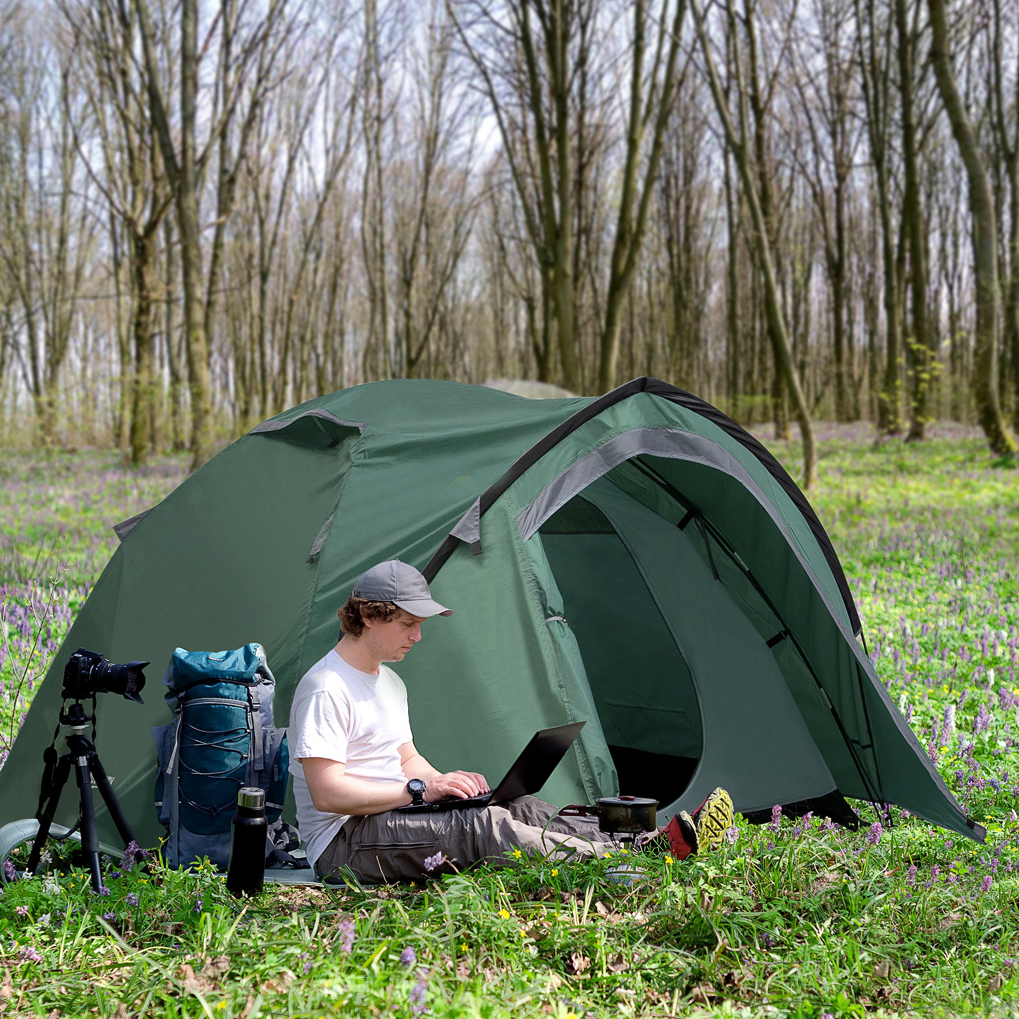 2-Personen-Campingzelt, Netzöffnungen, Lampenhaken, Tragetasche, Grau+Gelb 2-Personen-Campingzelt, Netzöffnungen, Lampenhaken, Tragetasche, Grau+Gelb