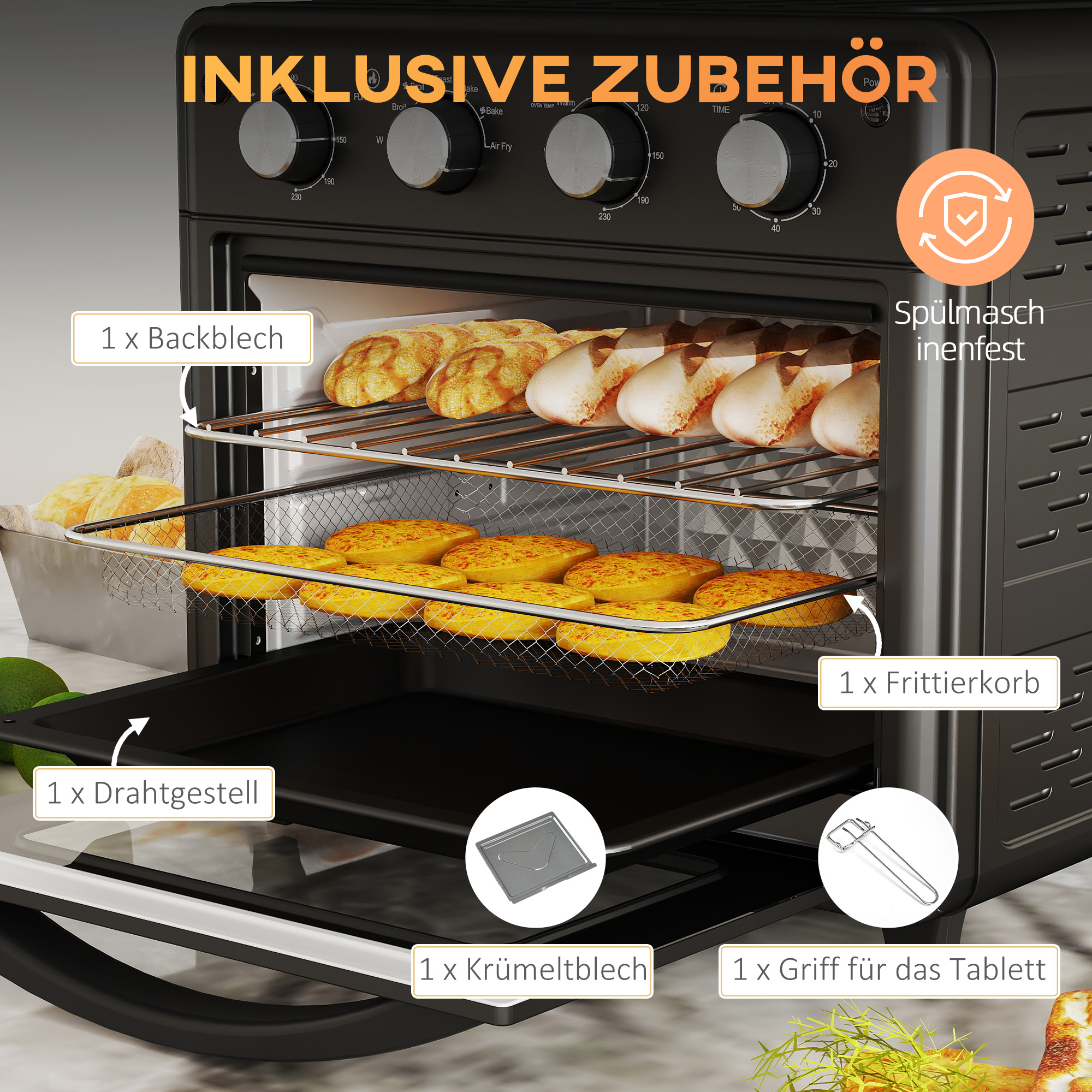 Minibackofen, Heißluftfritteuse, 90-230° C, 7 Programme, Zubehör, Schwarz Minibackofen, Heißluftfritteuse, 90-230° C, 7 Programme, Zubehör, Schwarz