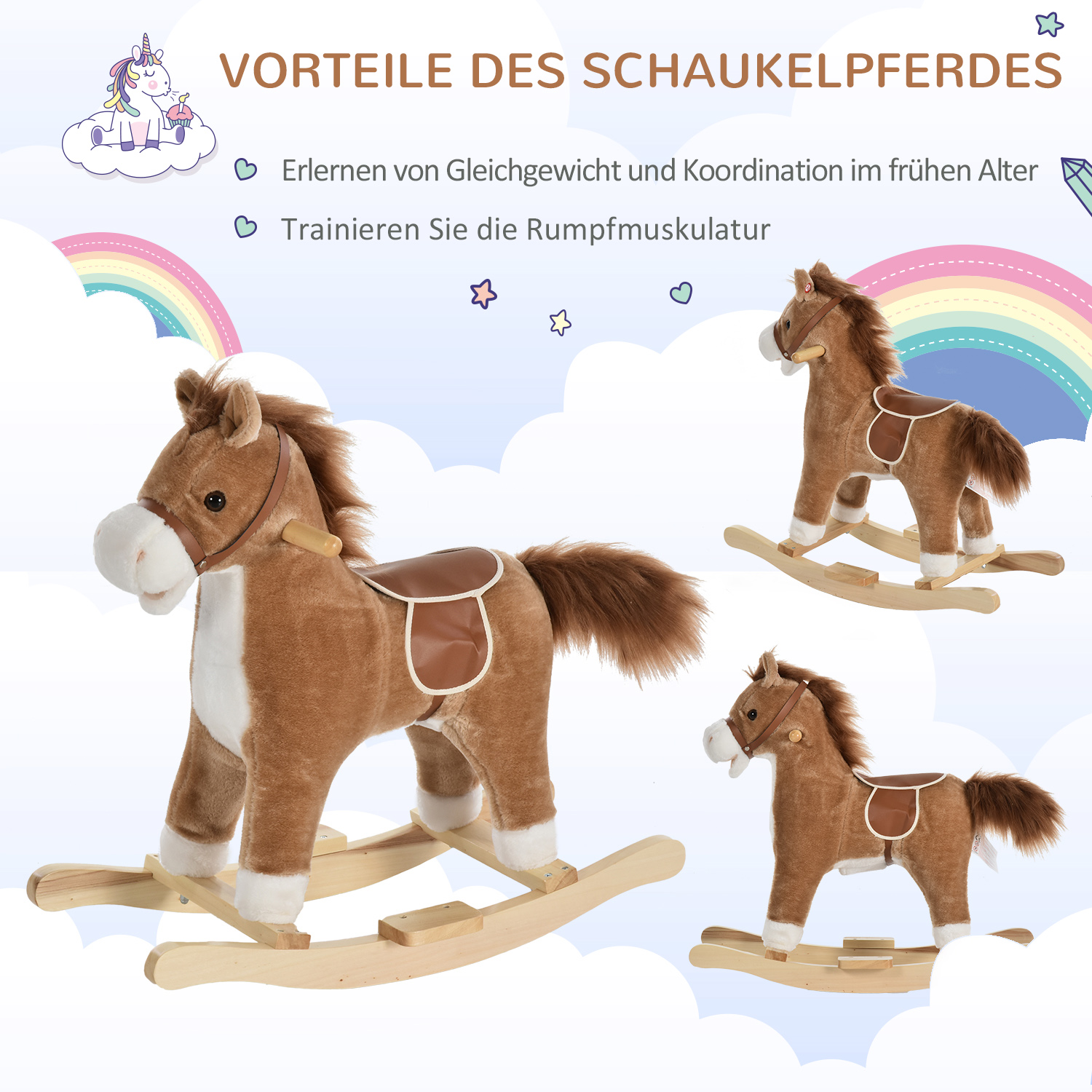 Kinder Schaukelpferd Baby Schaukeltier Pferd mit Tiergeräusche Spielzeug Haltegriffe für 36-72 Monate Plüsch Braun 65 x 32,5 x 61 cm