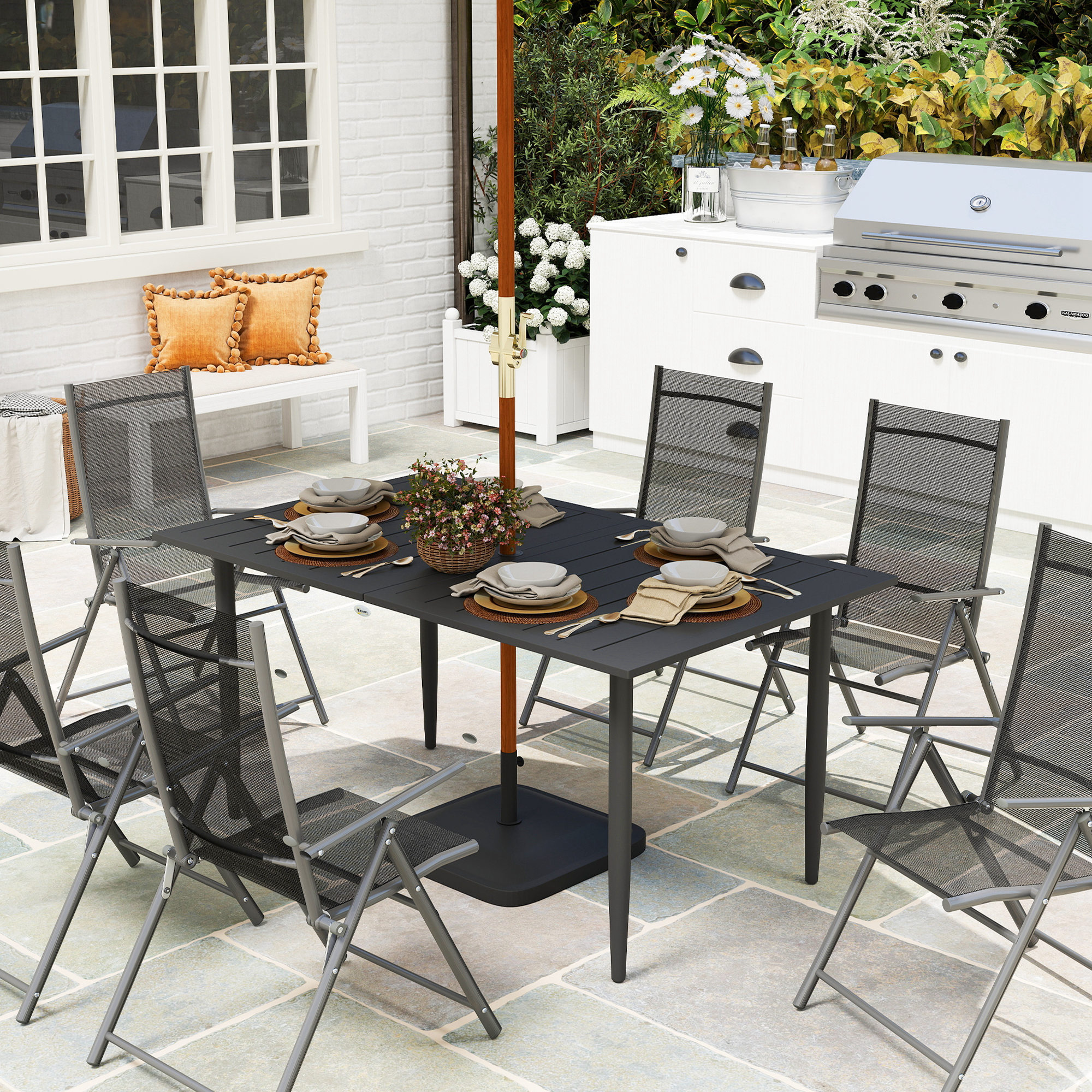 Gartentisch 150x90cm, Wetterfest Balkontisch aus Stahl, Balkontisch mit Schirmloch Schwarz