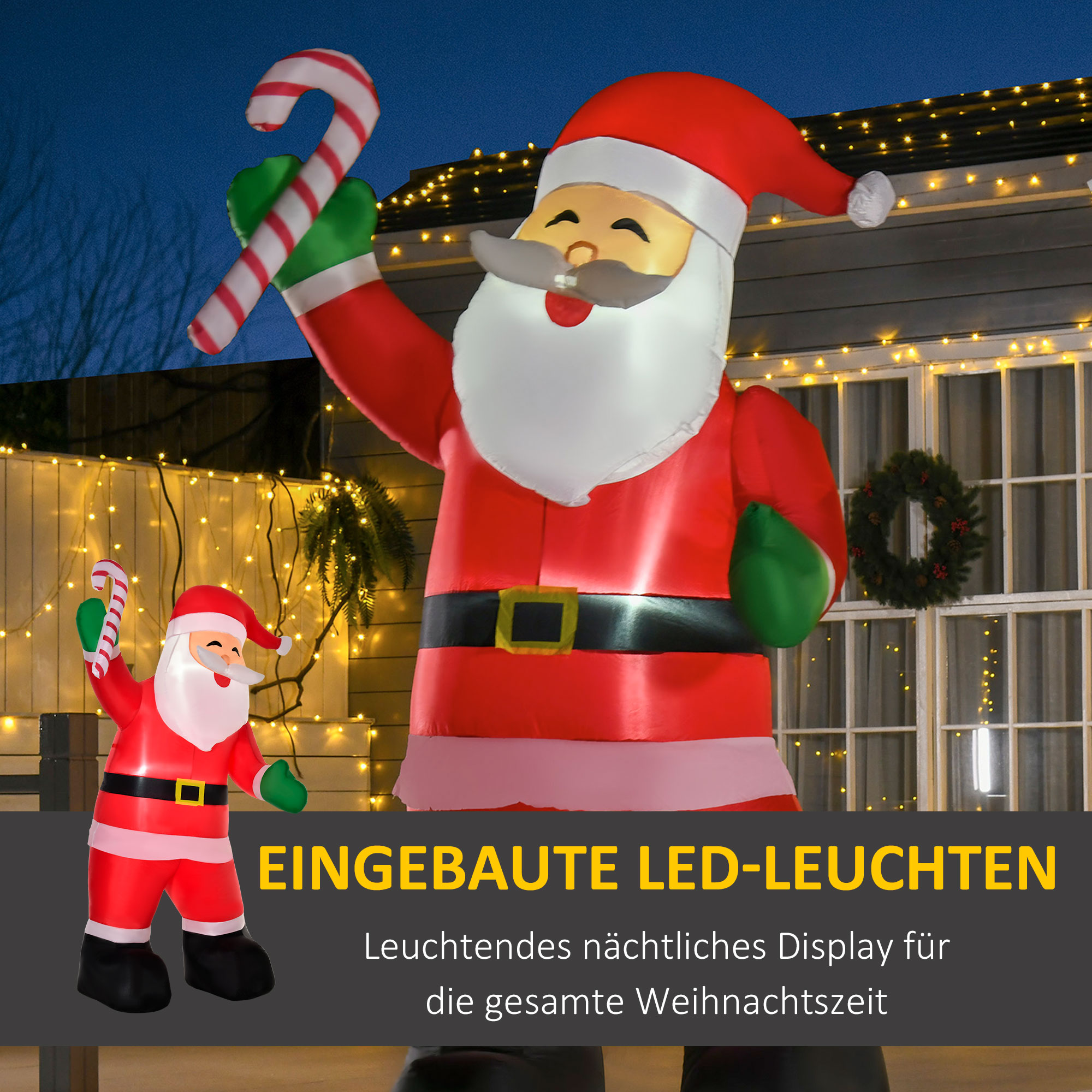 Aufblasbarer Weihnachtsmann mit LED-Beleuchtung inkl, Gebläse, Halteseilen, Bodenspieße, Sandsäcke,140cm x 85cm x 250cm