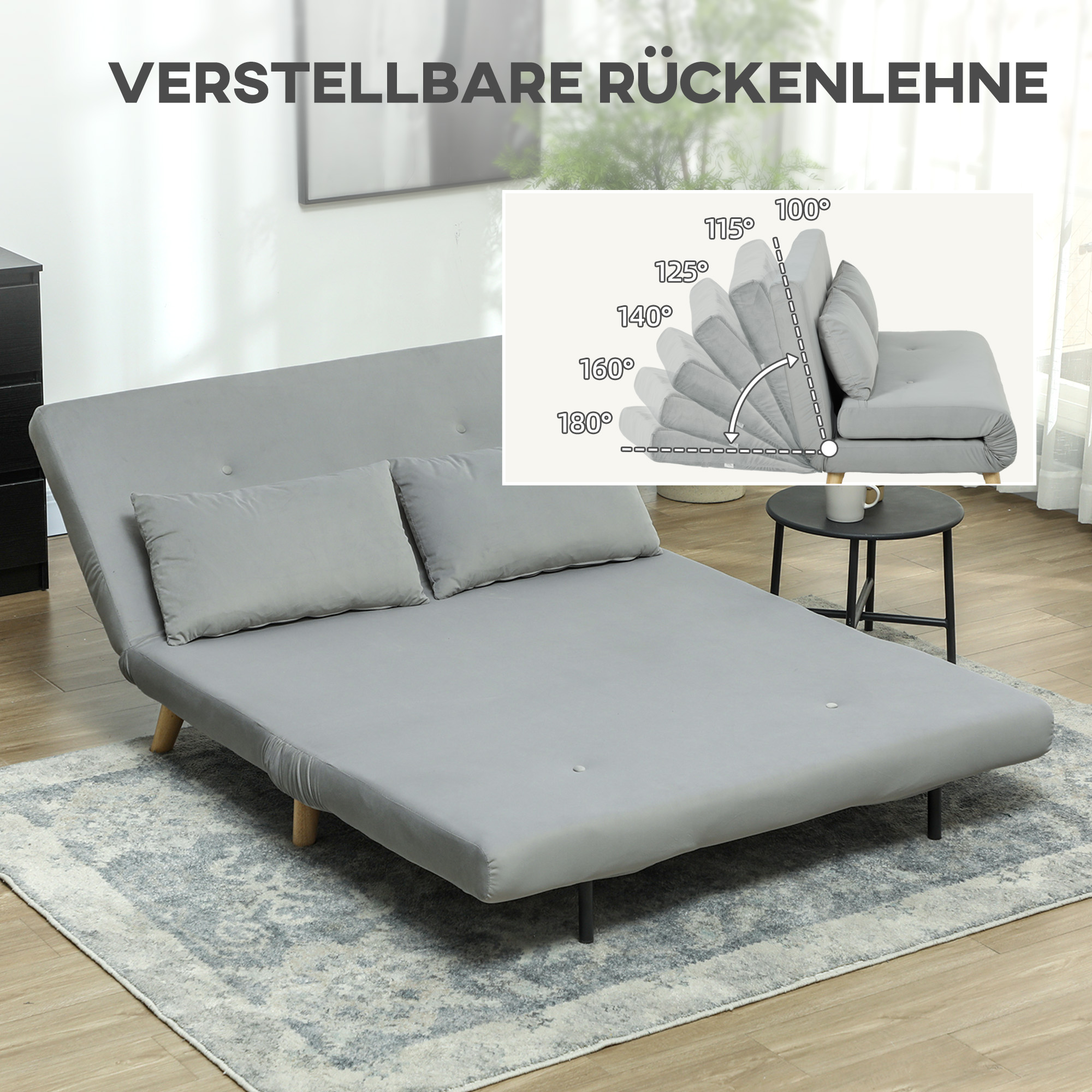 Schlafsofa Relaxsofa Sofa Couch, inkl, 2 Kissen, Samtoptik, 130 x 78 x 79 cm, Hellgrau