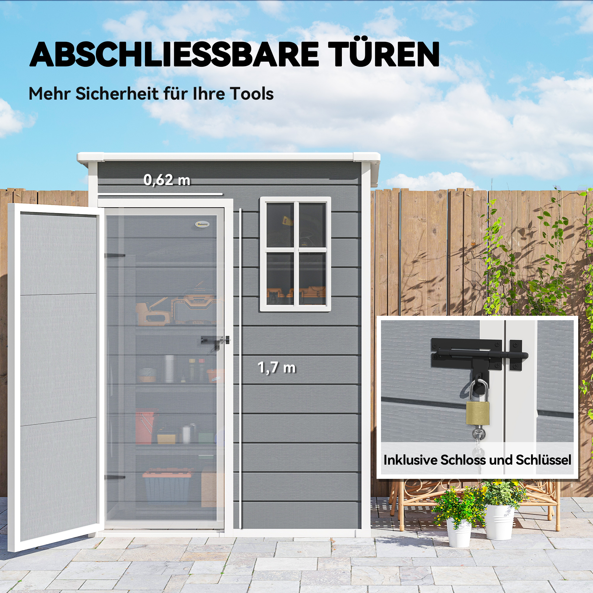 Gerätehaus Kunststoff 1,14m² 151 x 92 x 193cm Geräteschuppen mit Pultdach Boden Fenster Grau