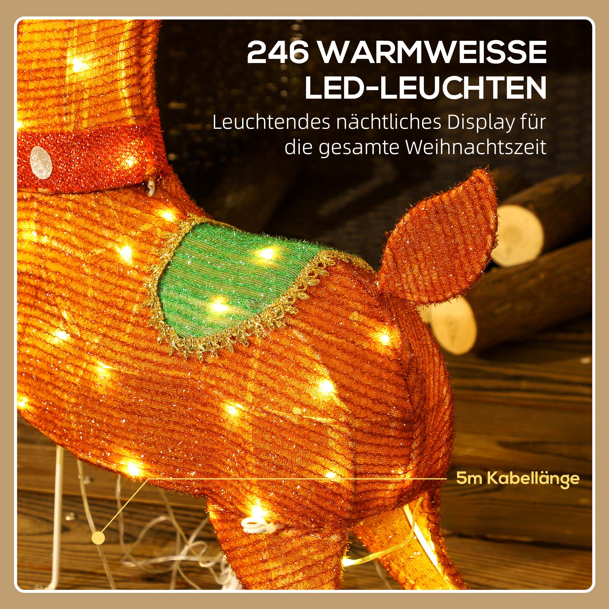 Leuchtende Weihnachts-Dekoration, Weihnachtsmann auf Schlitten mit Rentieren, 246 LED-Lichter, Bodenspieße, Mehrfarbig