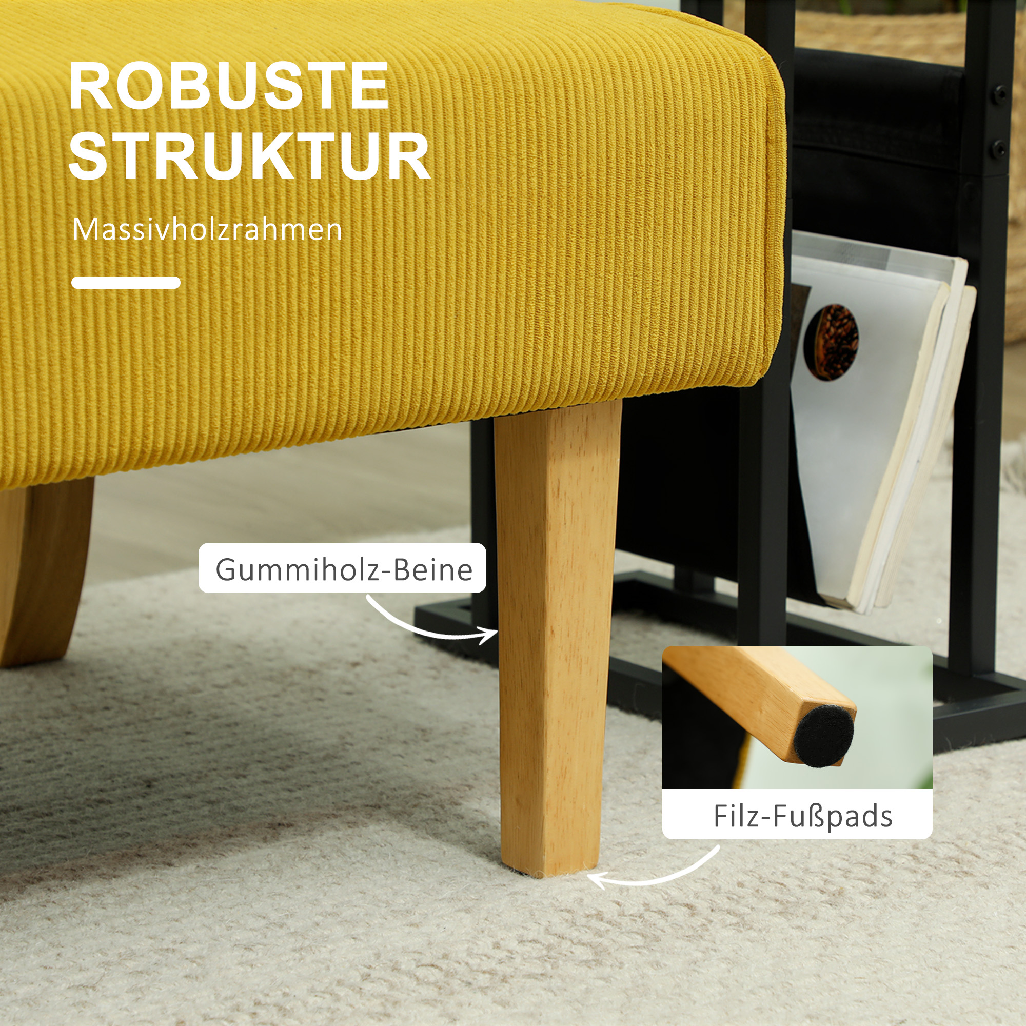 Zweisitzer-Sofa mit Cord-Bezug, dicker Polsterung und soliden Holzbeinen für Wohnzimmer, Schlafzimmer, Büro, Gelb
