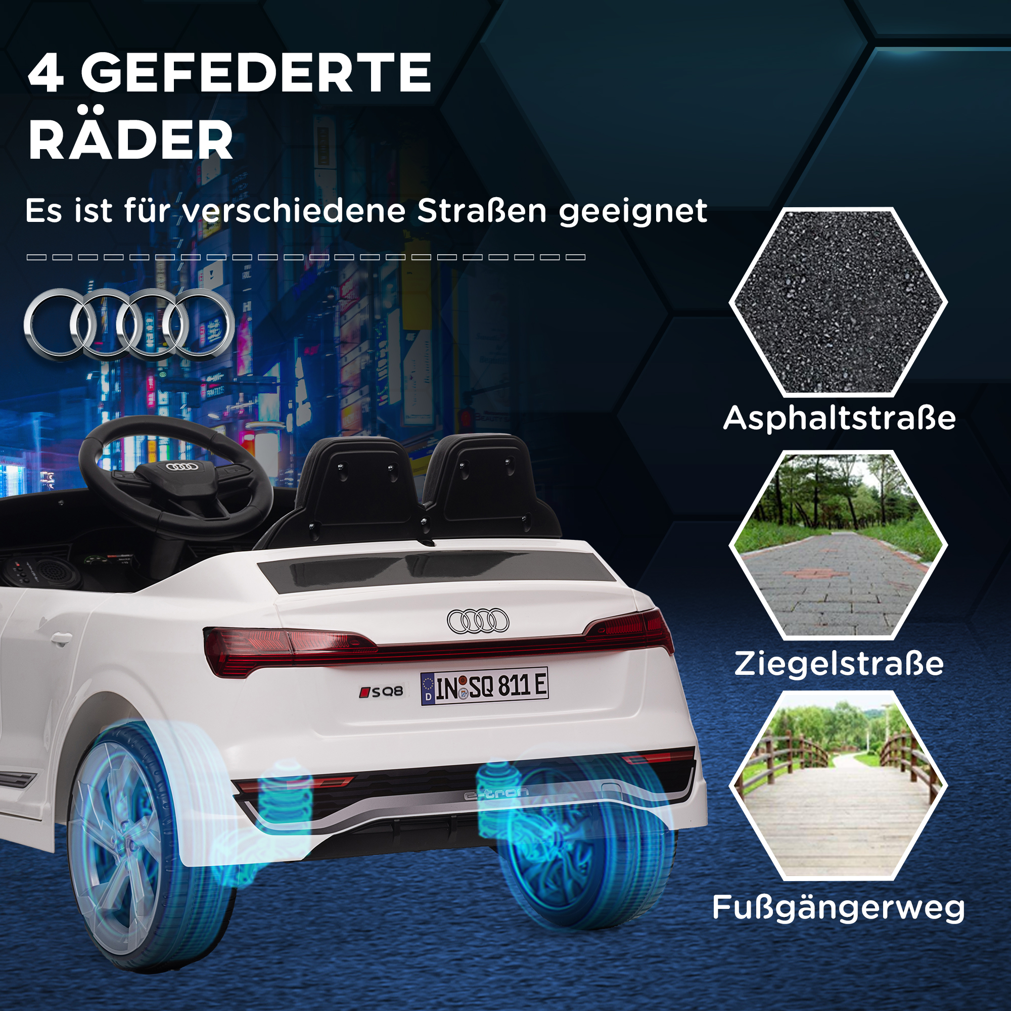 Elektro-Kinderauto, 12V Audi Q8, 3-5 km/h, Fernsteuerung, Scheinwerfer, Musik, Weiß