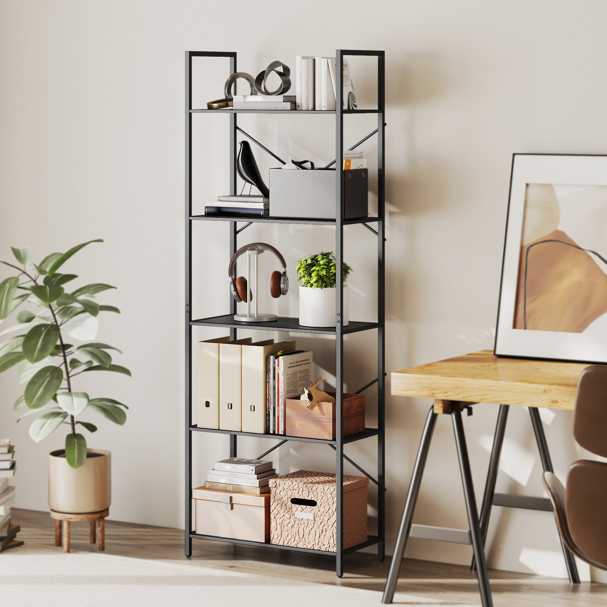 Bücherregal, Standregal mit 5 Ebenen, Industrielles Büroregal mit Metallrahmen, offenes Aufbewahrungsregal für Wohnzimmer, Büro, Arbeitszimmer, 60x30x170,5 cm, Schwarz