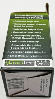 Einbau-Bewegungsmelder "CT-PIR Mini" - 230V, 800W, Ø 15mm, LED geeignet, weiß