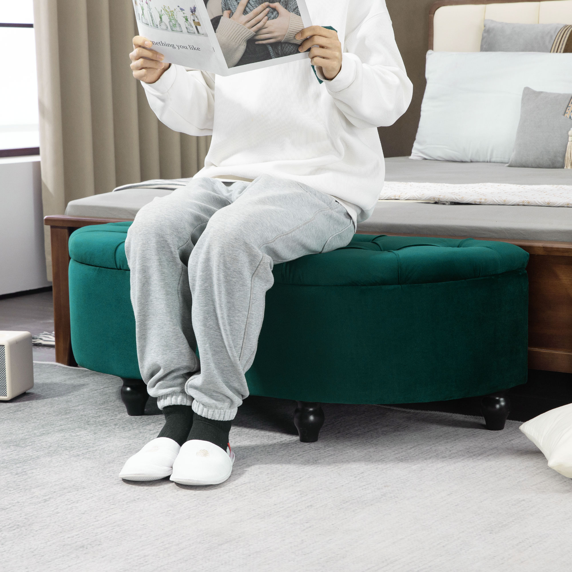 Hocker mit Stauraum, Sitztruhe, gepolstert, soft-close Deckel, Samtoptik, 120 x 46 x 42 cm, Dunkelgrau