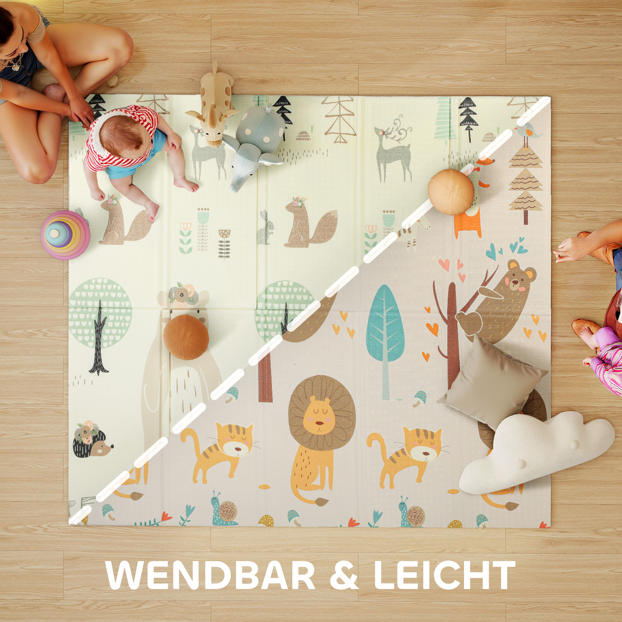 Spielmatte Baby 196 x 176 x 1,5 cm faltbar Doppelseitige Krabbelmatte Mehrfarbig