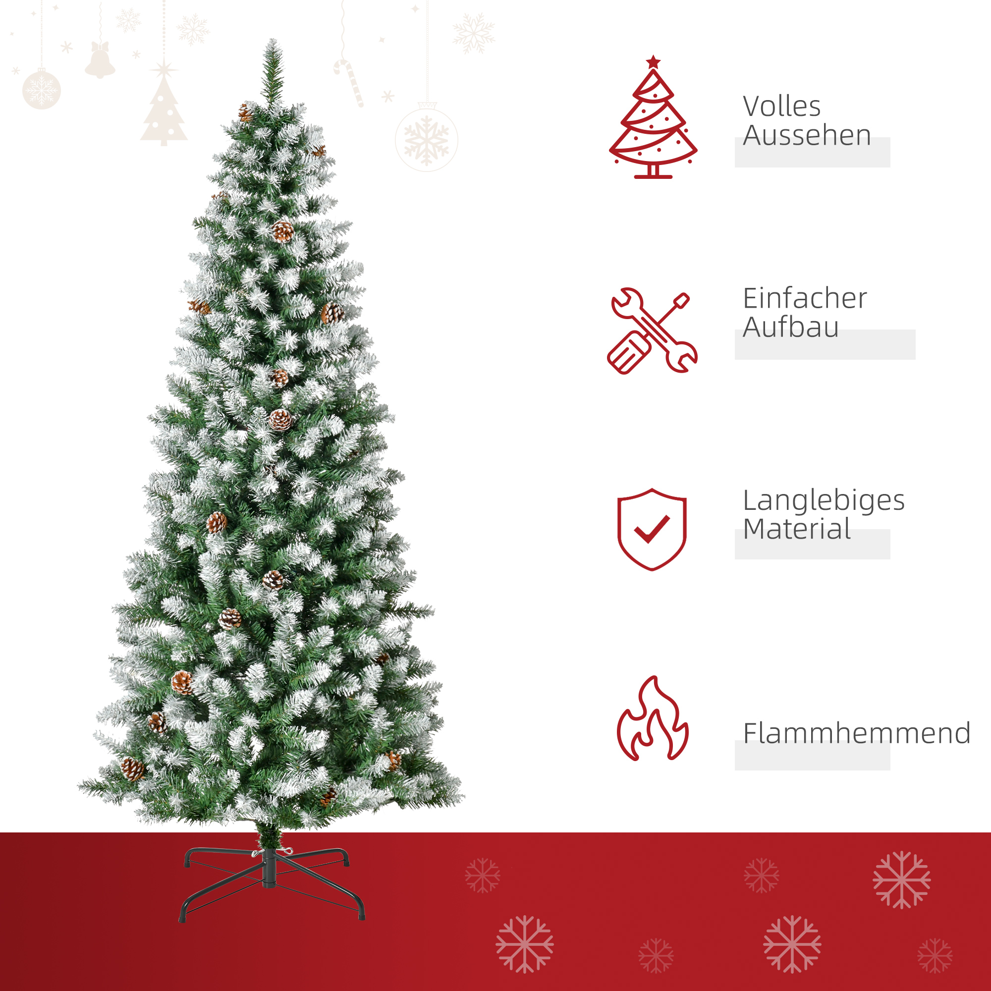 Künstlicher Weihnachtsbaum, 630 Zweige, 37 Zapfen, verschneite Spitzen, feuerfest, 180 cm