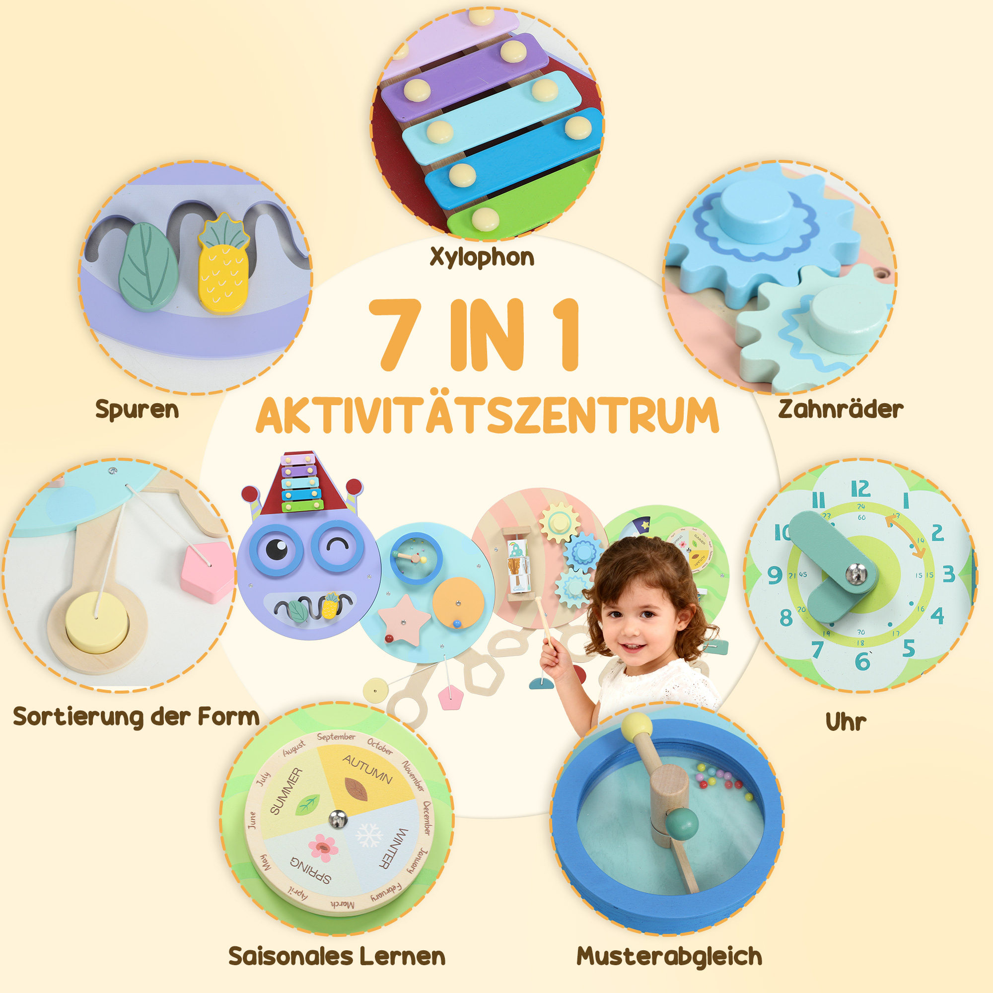 7-in-1 Wandspielzeug, Xylophon, Zahnräder, Raupen-Design, MDF, 108 cm, Bunt