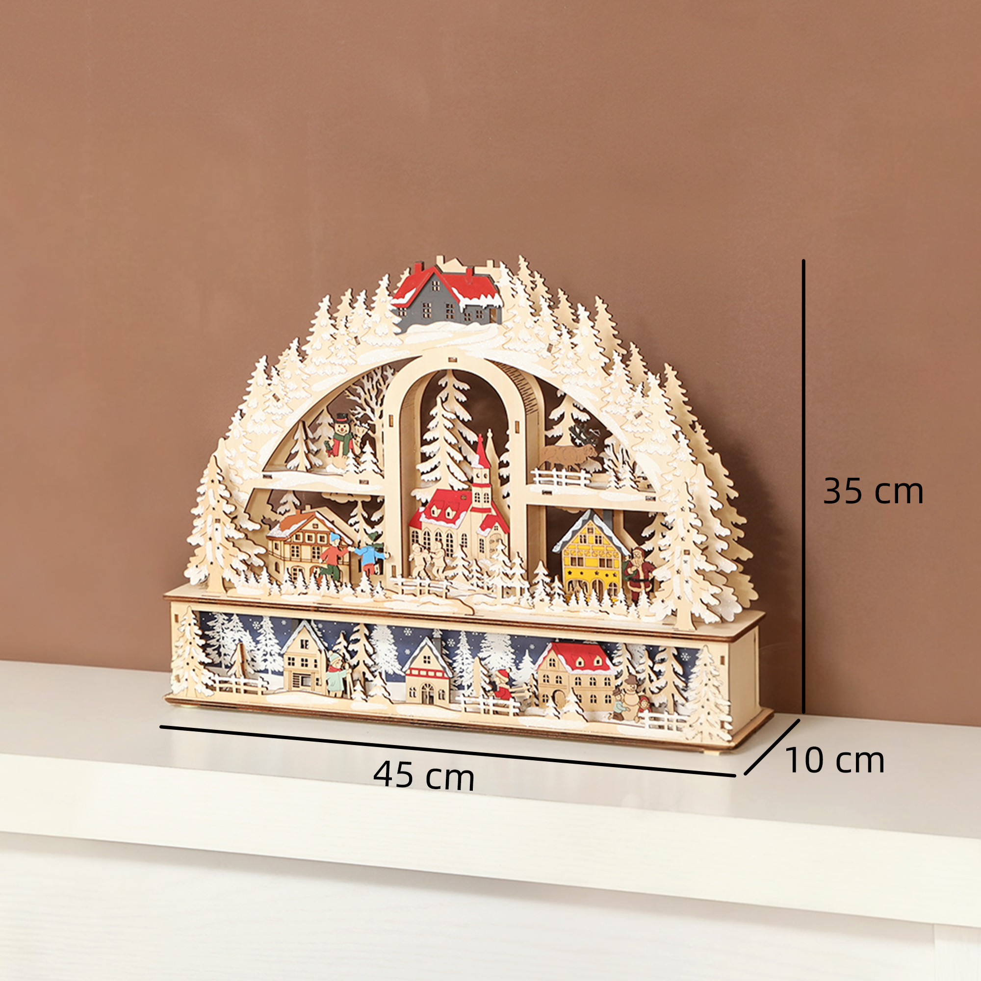 Weihnachtsdorf mit LED-Leuchtung, 45 cm Weihnachtsstadt mit Schneemann, Renntier und Bäume Naturholz