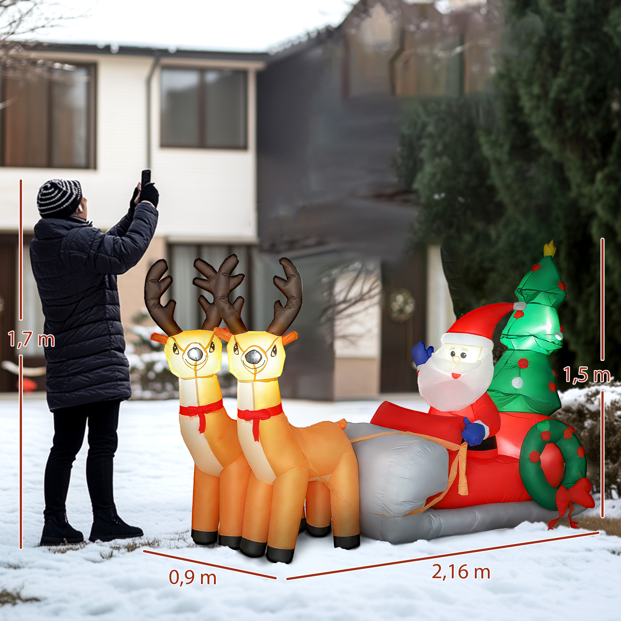 Aufblasbare Weihnachtsdekoration, Weihnachtsmann in Rentierschlitten, Polyesterstoff, LED-Lichter, Bunt