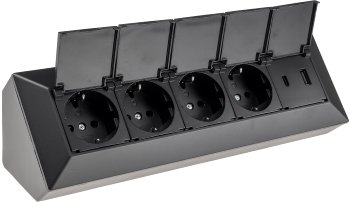 4-fach Steckdosenblock, USB-A+C, schwarz, 250V~/ 16A, USB 3,1A, PD, mit Klappen 4-fach Steckdosenblock, USB-A+C, schwarz, 250V~/ 16A, USB 3,1A, PD, mit Klappen