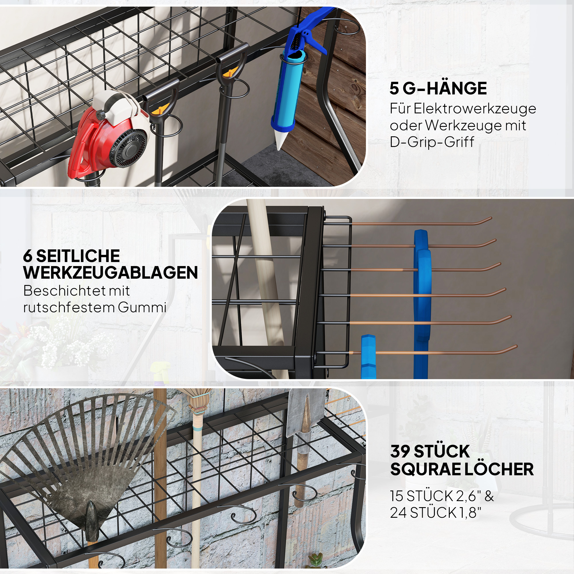 Aufbewahrungsgestell für Gartengeräte, 3-stufiges Regal für Werkzeug, Gartenwerkzeug-Organizer, Metall, Orange