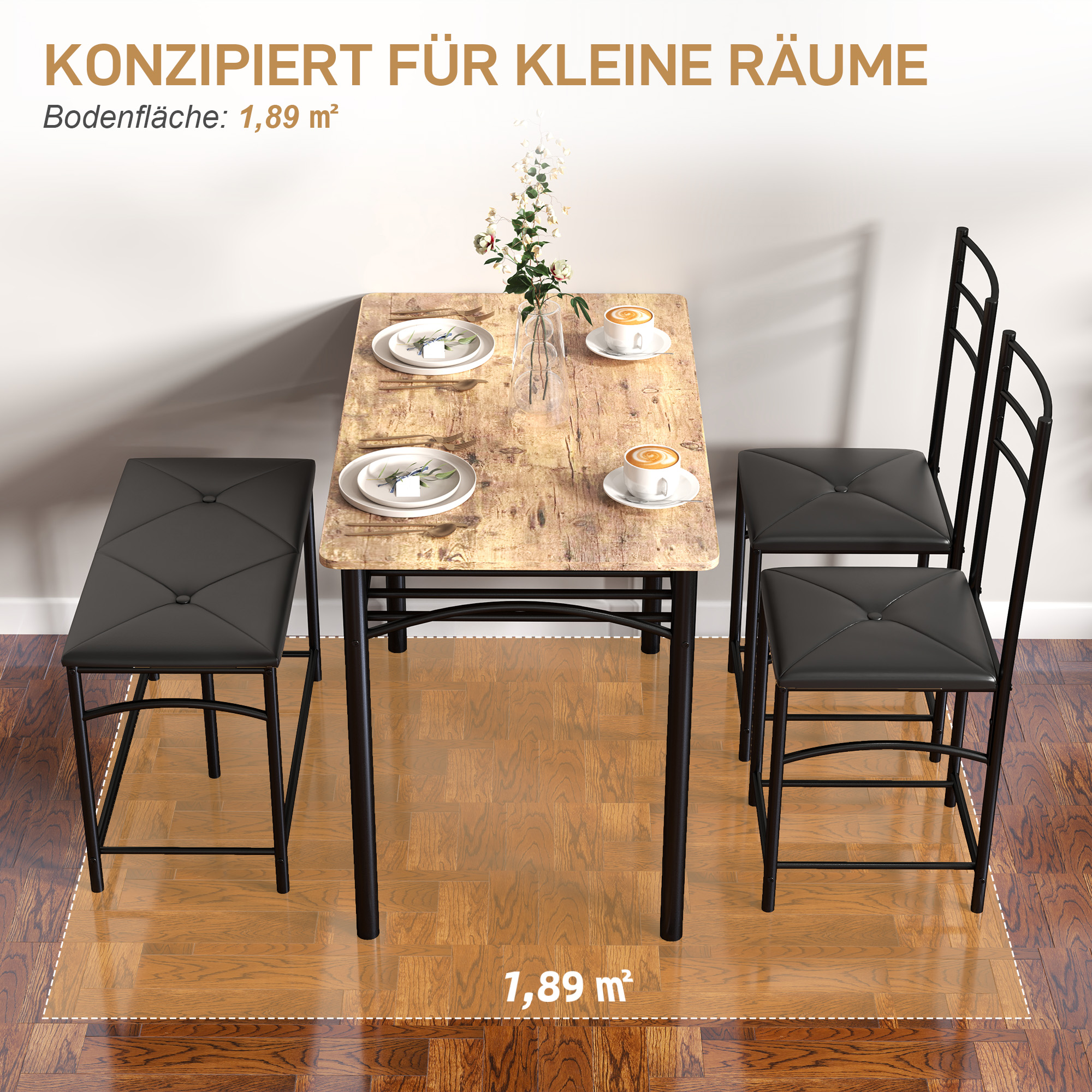 4-teiliges Esszimmer-Set, Platzsparendes Set aus Tisch, 2 Stühlen und Bank, für kleine Räume, Metall, Holz, Braun