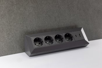 4-fach Steckdosenblock, USB-A+C, schwarz, 250V~/ 16A, Aufbaumontage, USB 3,1A, PD
