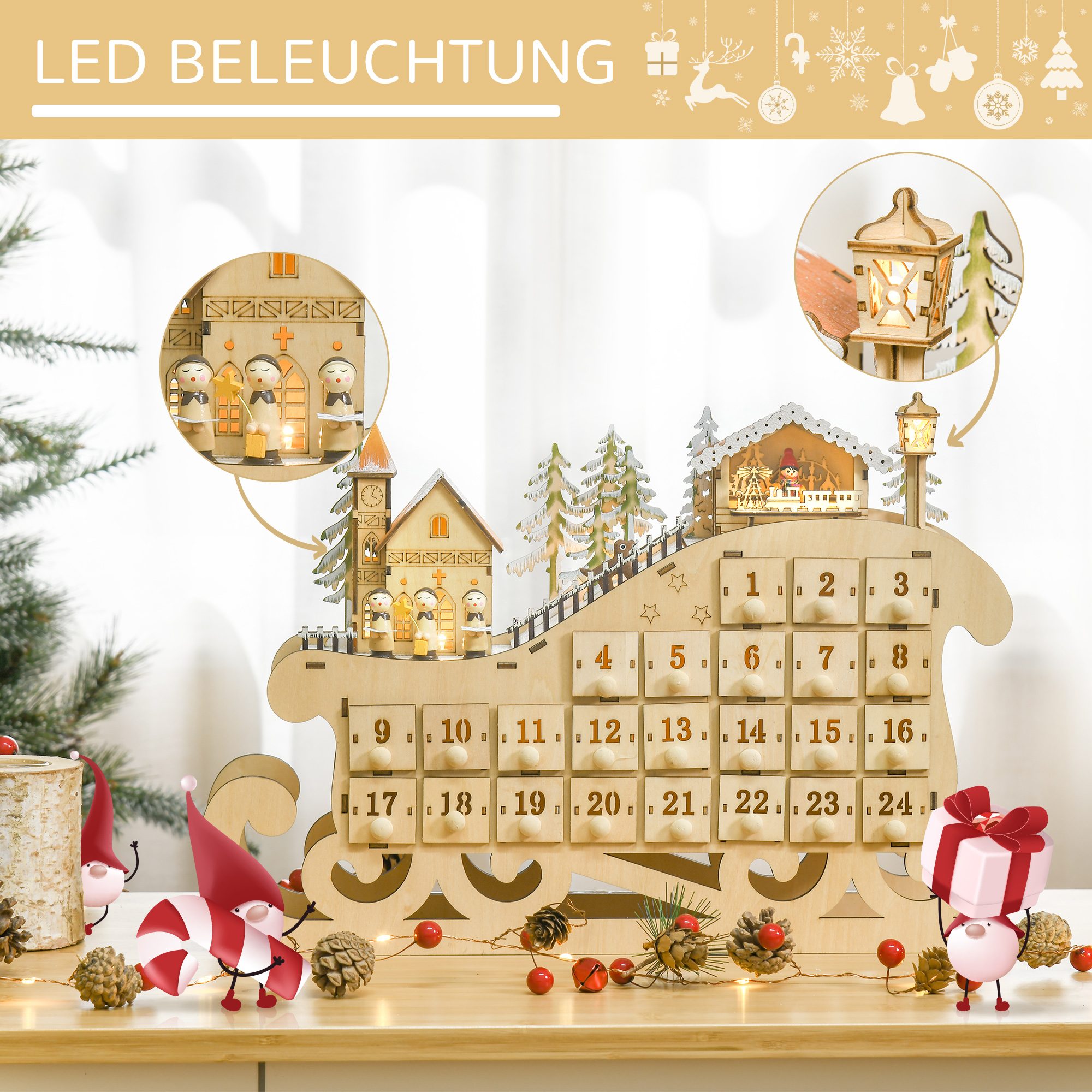 Adventskalender zum Befüllen 24 Schubladen Fächer Weihnachtskalender mit LED-Lichtern Schlitten-Form Adventskalenderbox Weihnachtsdekoration DIY Sperrholz-Platte Naturholz 45 x 10 x 31 cm
