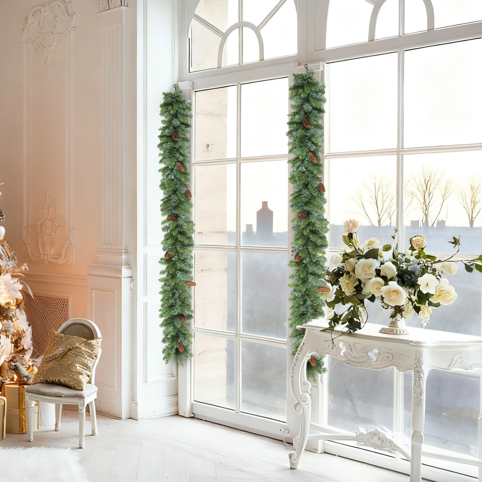 1,8 m künstliche Weihnachtsgirlande Blumendekoration mit 162 Spitzen 8 Tannenzapfen Grün